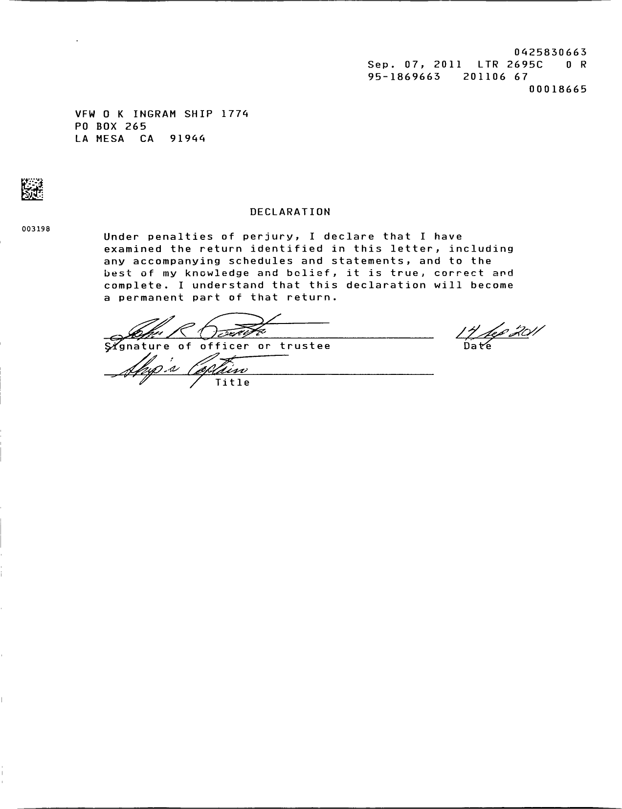 Image of first page of 2010 Form 990EOR for VFW California Department - 1774-ok Ingram Ship