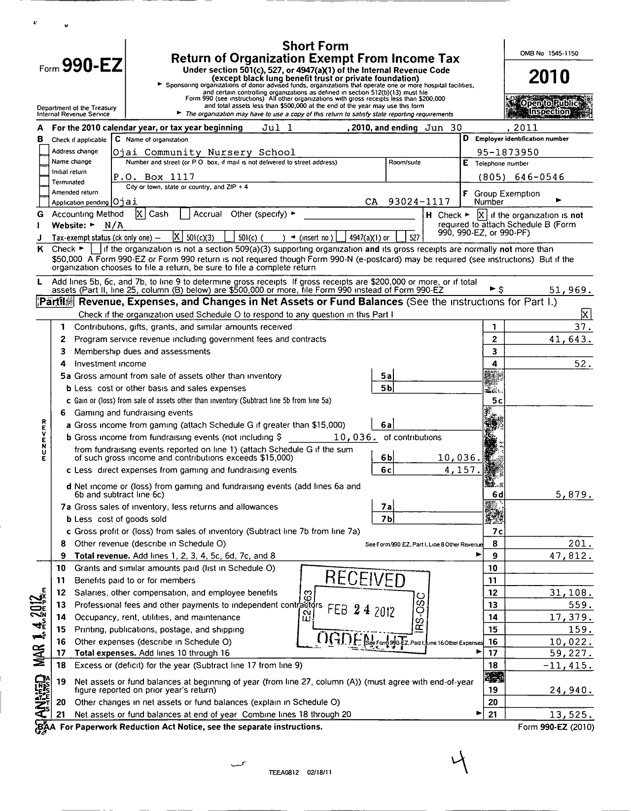 Image of first page of 2010 Form 990EZ for Ojai Valley Community Nursery School