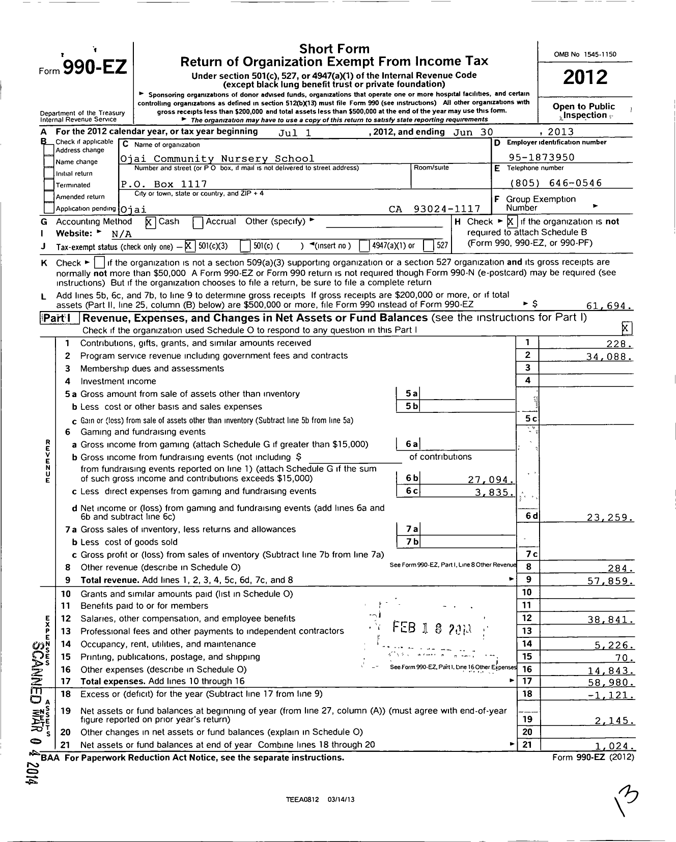 Image of first page of 2012 Form 990EZ for Ojai Valley Community Nursery School