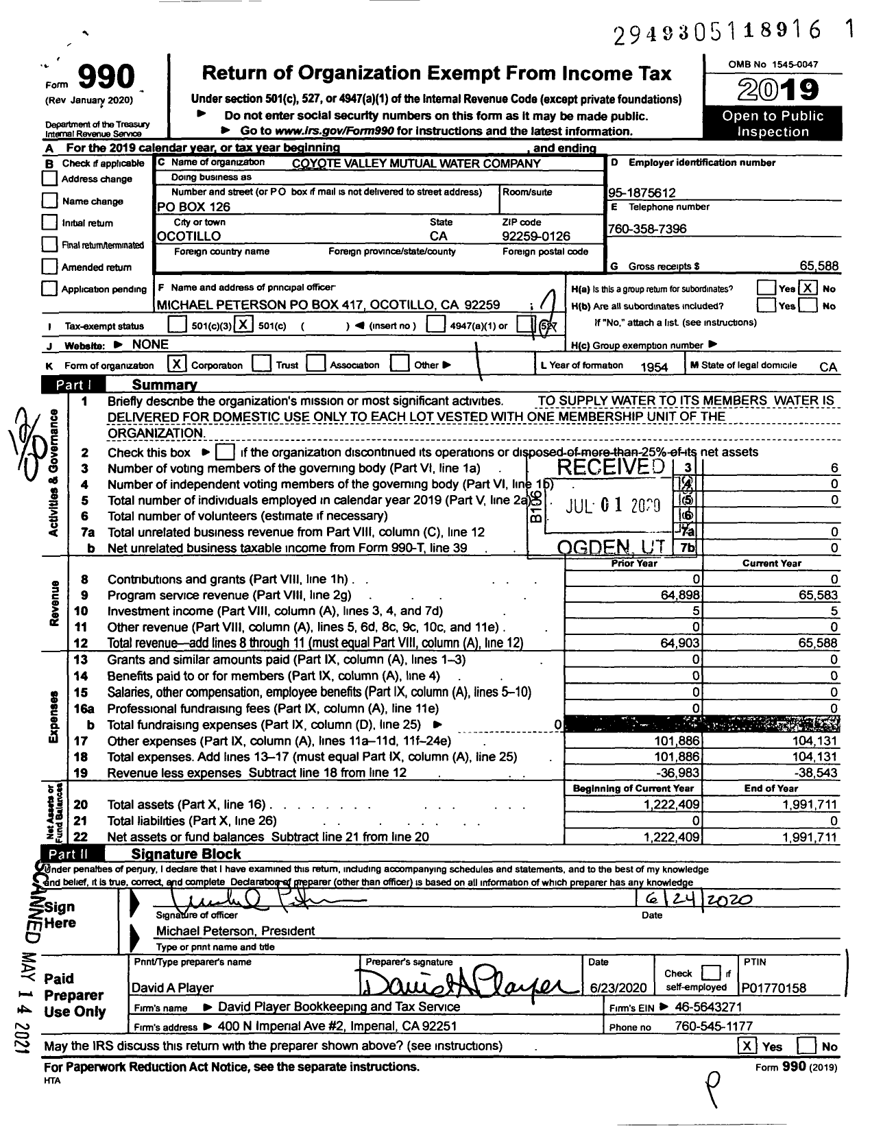 Image of first page of 2019 Form 990O for Coyote Valley Mutual Water Company