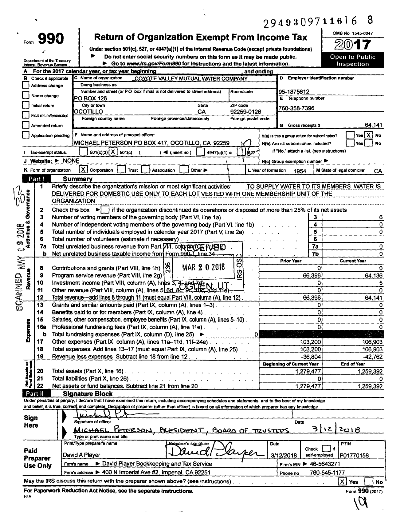 Image of first page of 2017 Form 990O for Coyote Valley Mutual Water Company