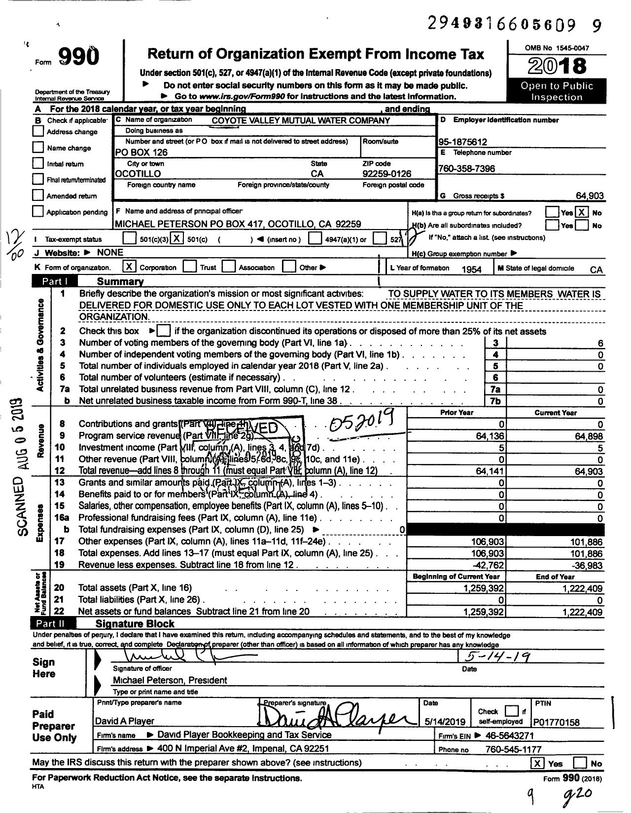 Image of first page of 2018 Form 990O for Coyote Valley Mutual Water Company