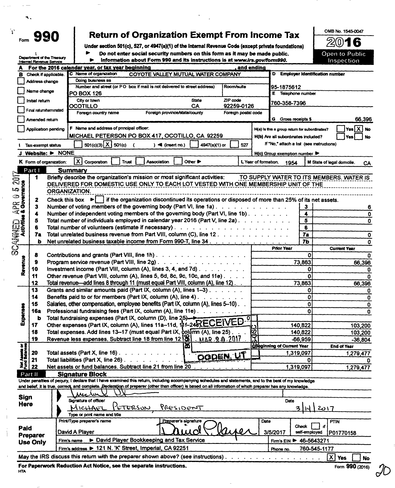 Image of first page of 2016 Form 990O for Coyote Valley Mutual Water Company