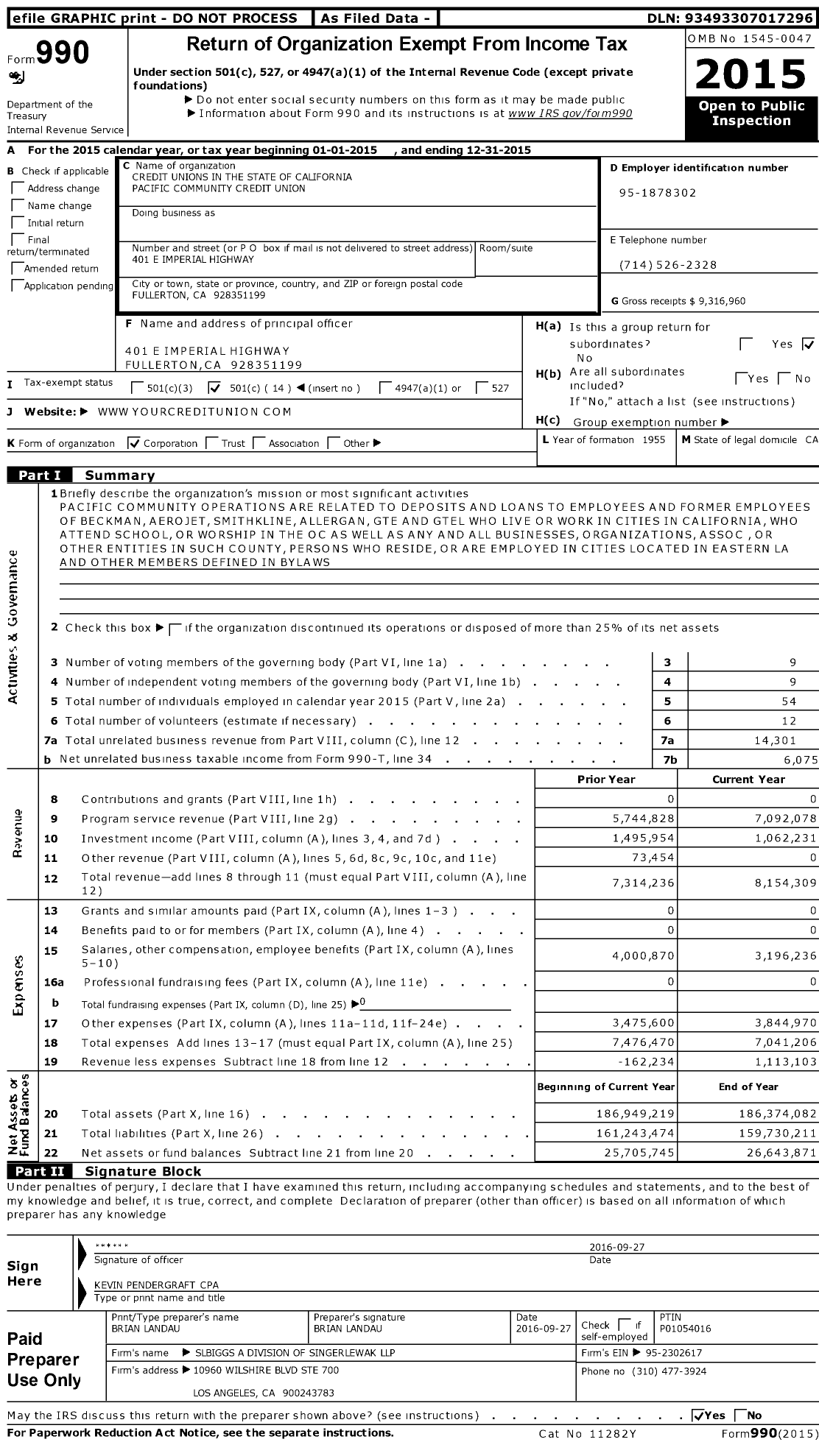 Image of first page of 2015 Form 990O for Credit Unions in the State of California Pacific Community Credit Union
