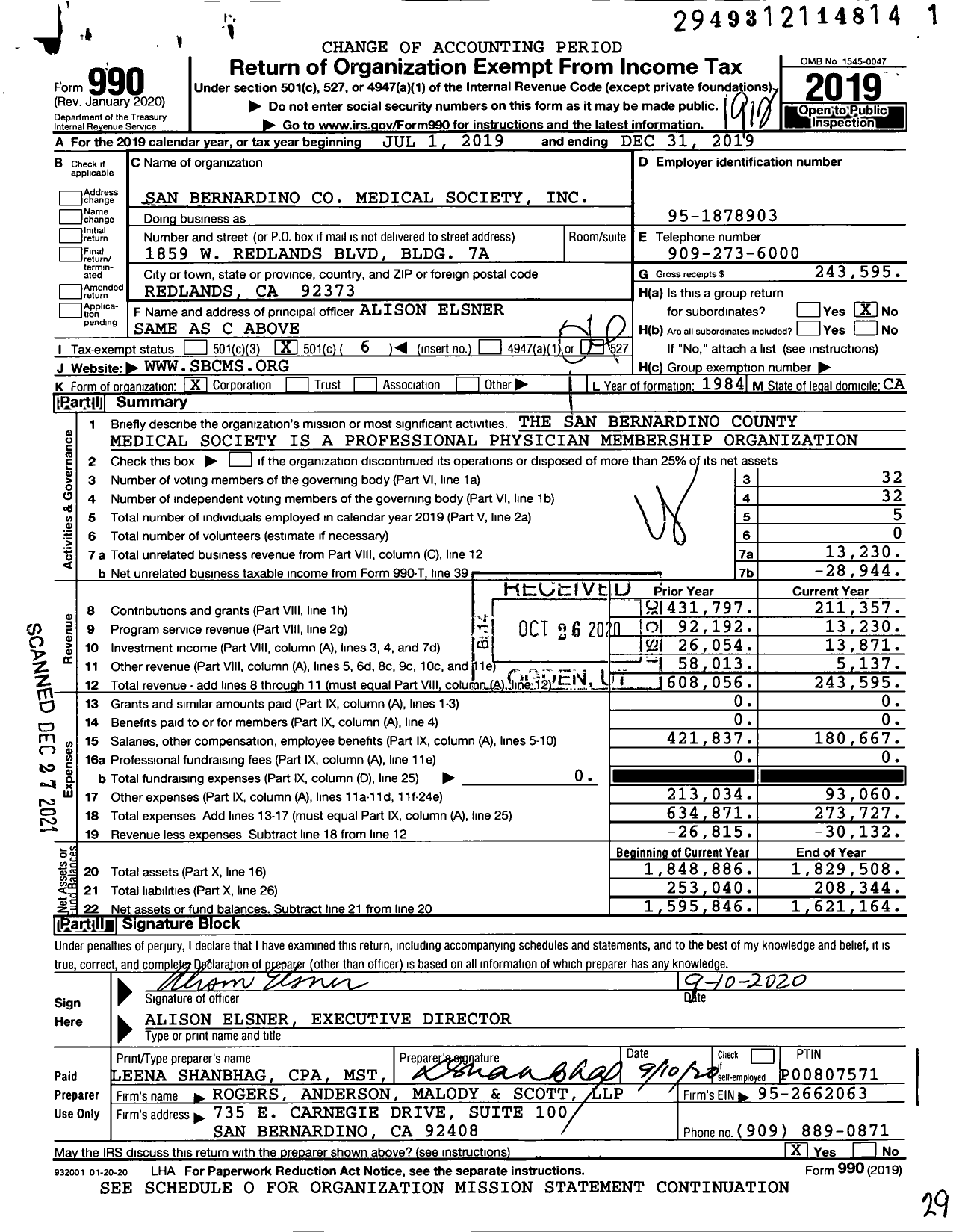 Image of first page of 2019 Form 990O for San Bernardino Medical Society