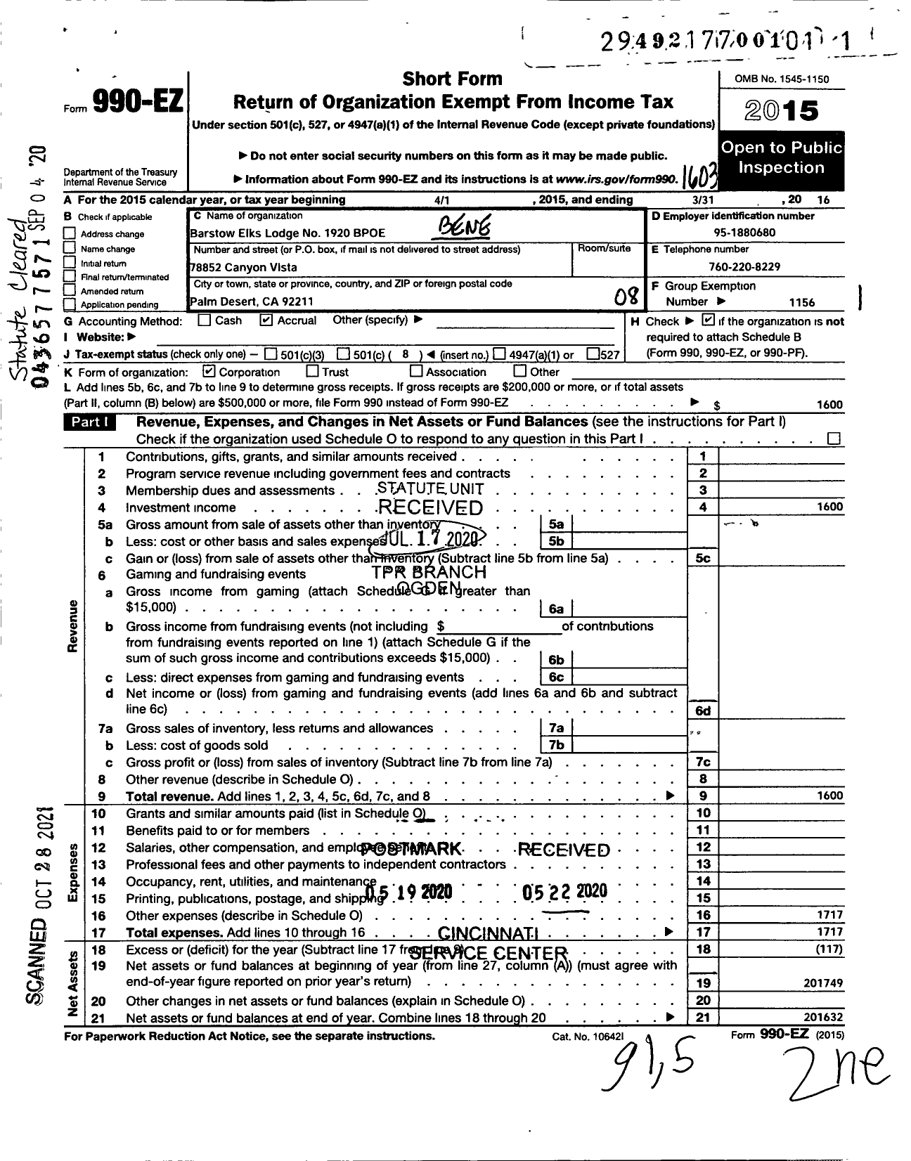 Image of first page of 2015 Form 990EO for Benevolent and Protective Order of Elks - 1920 Barstow