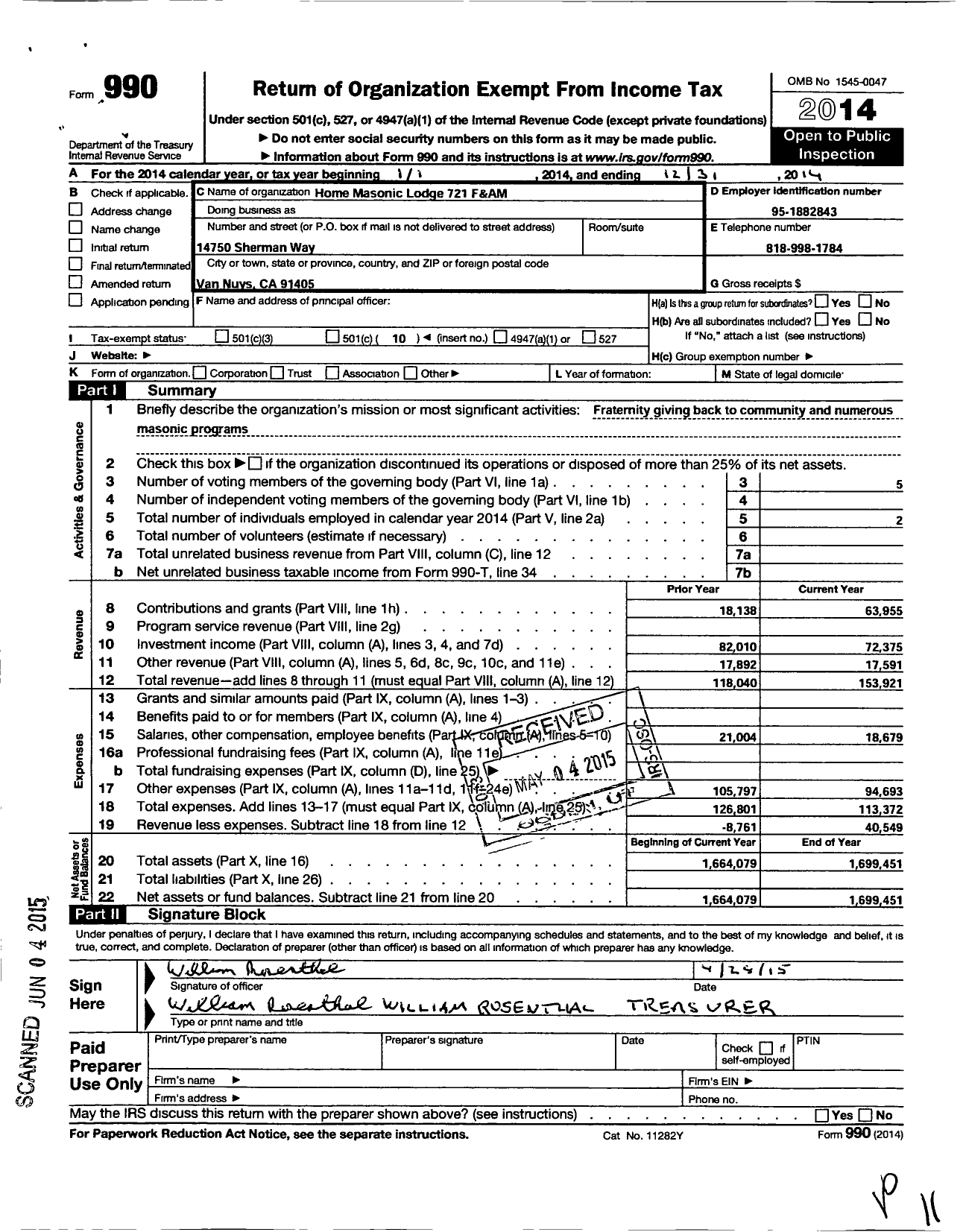 Image of first page of 2014 Form 990O for Masons of California - Home Lodge 721