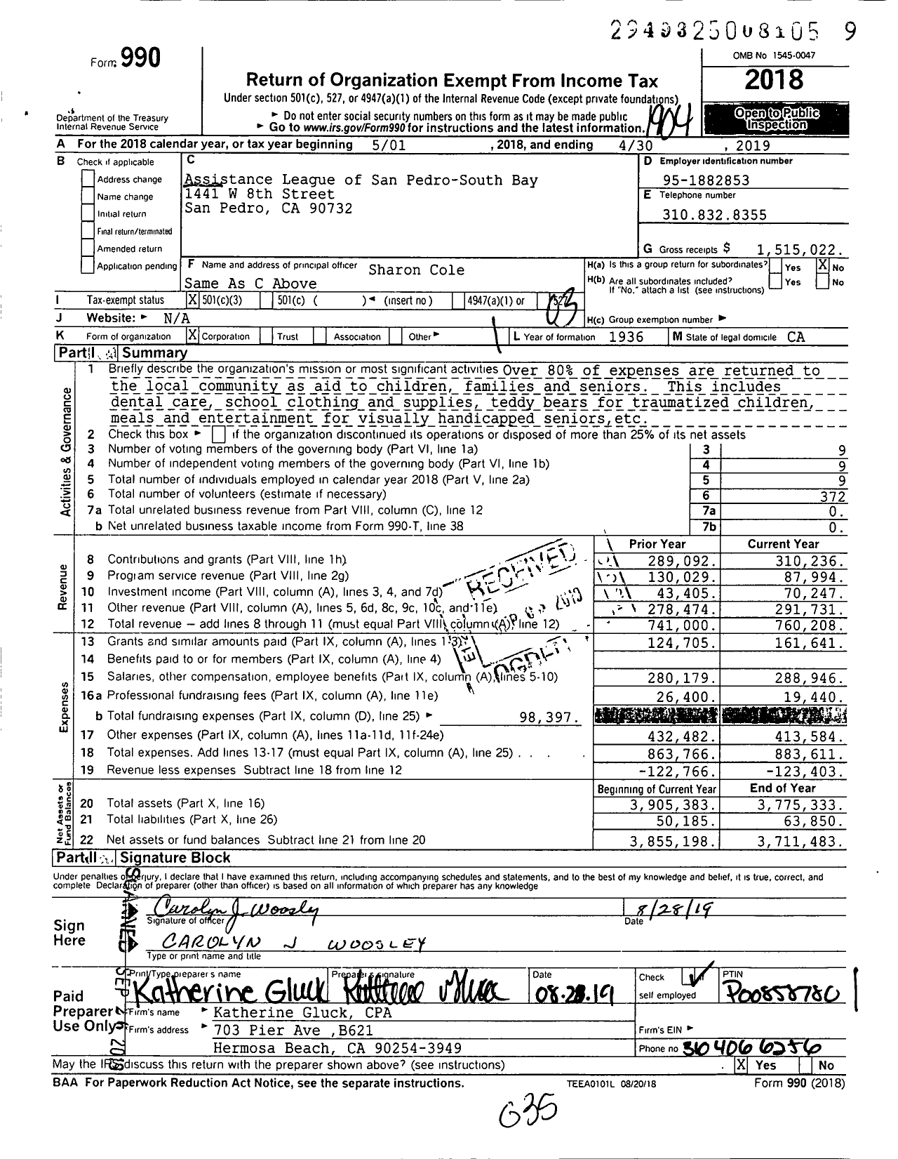 Image of first page of 2018 Form 990 for Assistance League of San Pedro-South Bay