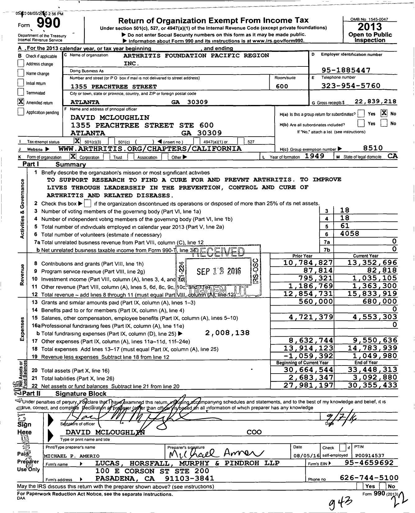 Image of first page of 2013 Form 990 for Arthritis Foundation Pacific Region