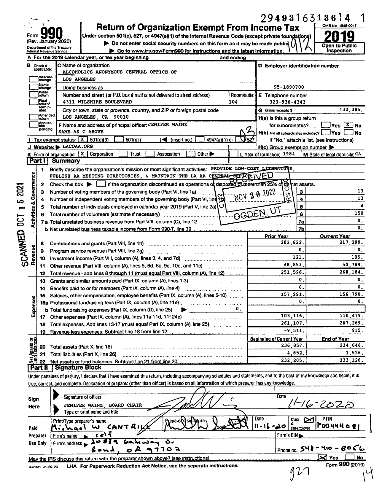 Image of first page of 2019 Form 990 for Alcoholics Anonymous Central Office of Los Angeles