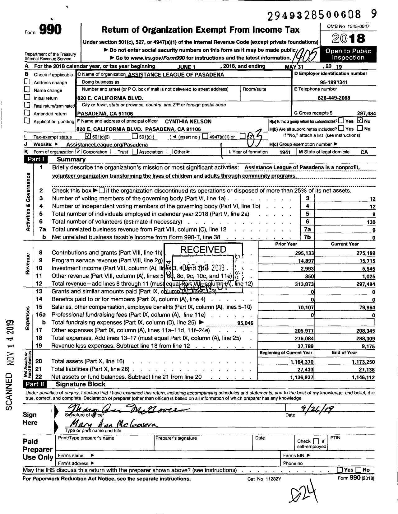 Image of first page of 2018 Form 990 for Assistance League of Pasadena