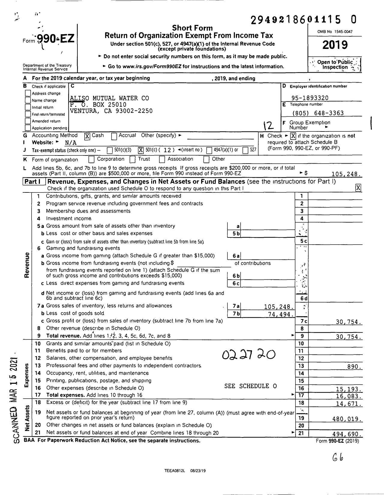 Image of first page of 2019 Form 990EO for Aliso Mutual Water