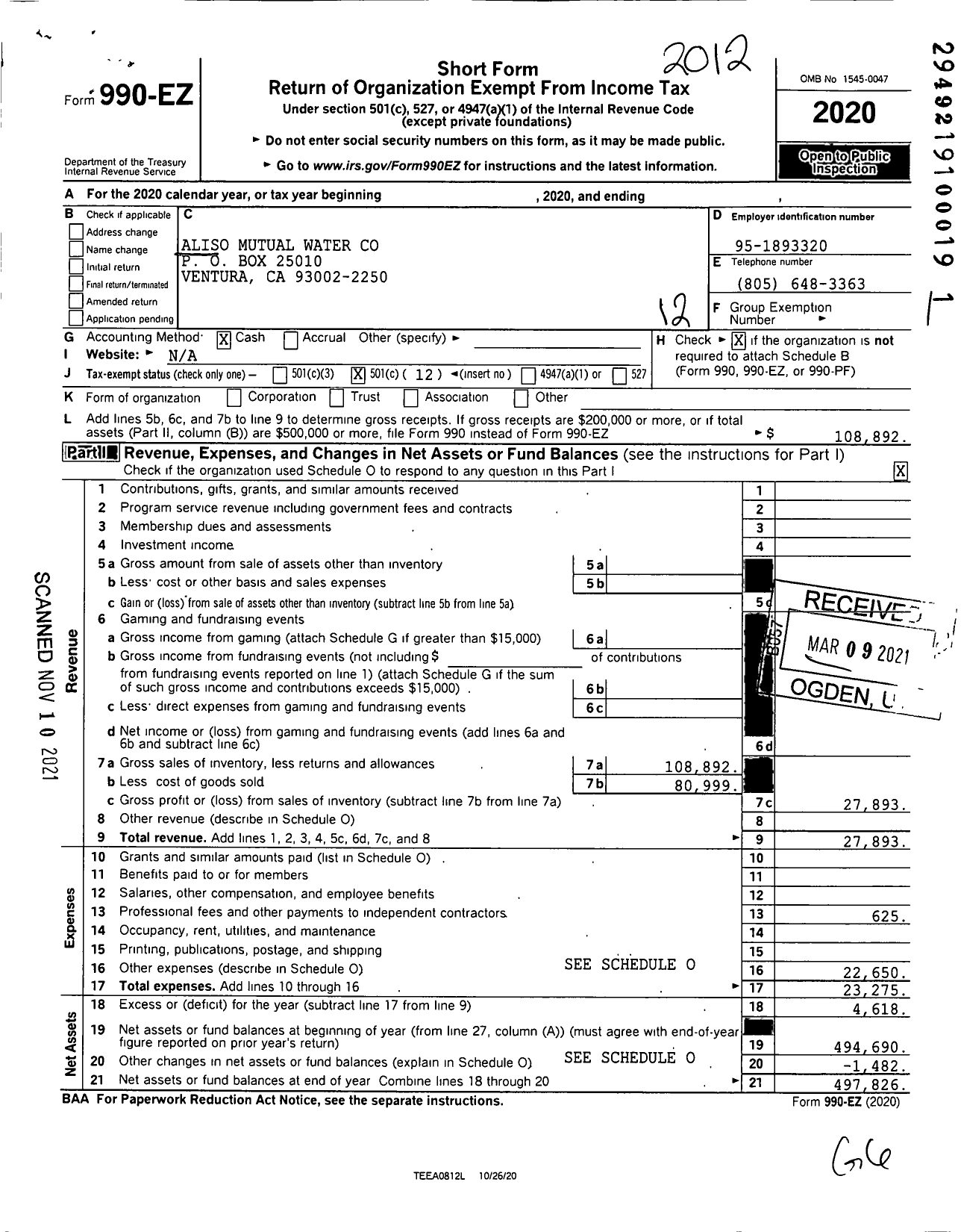 Image of first page of 2020 Form 990EO for Aliso Mutual Water