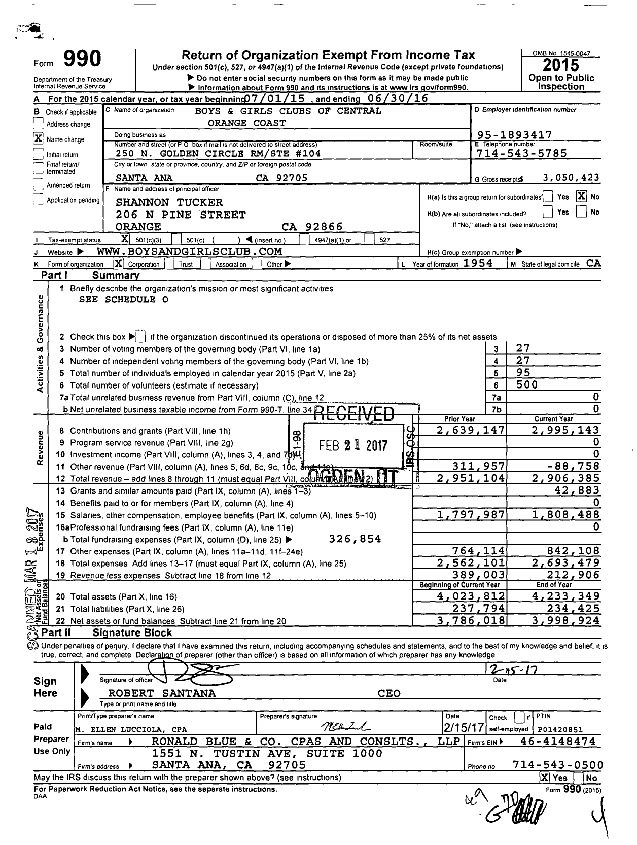Image of first page of 2015 Form 990 for Boys and Girls Clubs of Central Orange Coast