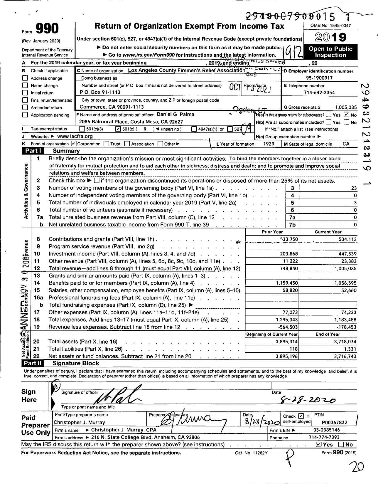 Image of first page of 2019 Form 990O for Los Angeles County Firemens Relief Association