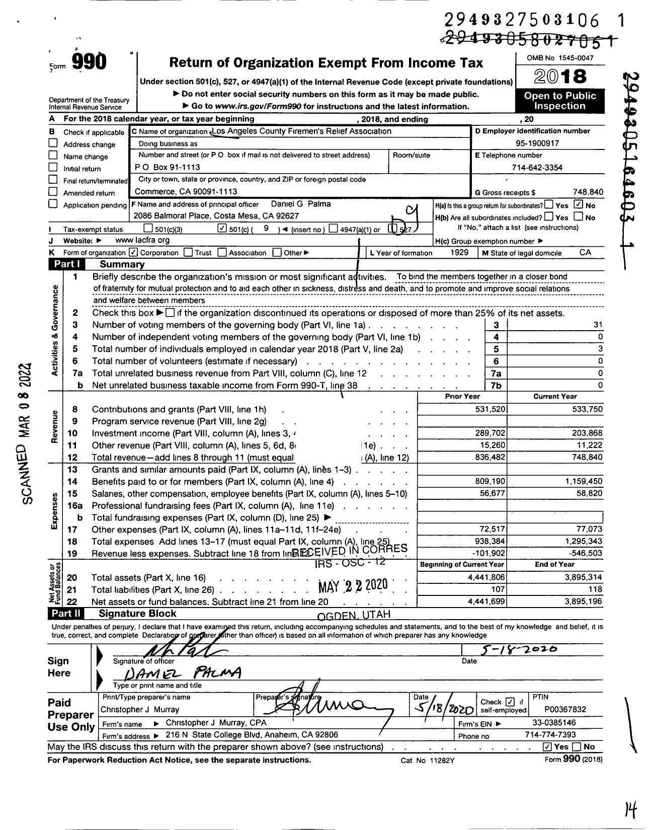 Image of first page of 2018 Form 990O for Los Angeles County Firemens Relief Association