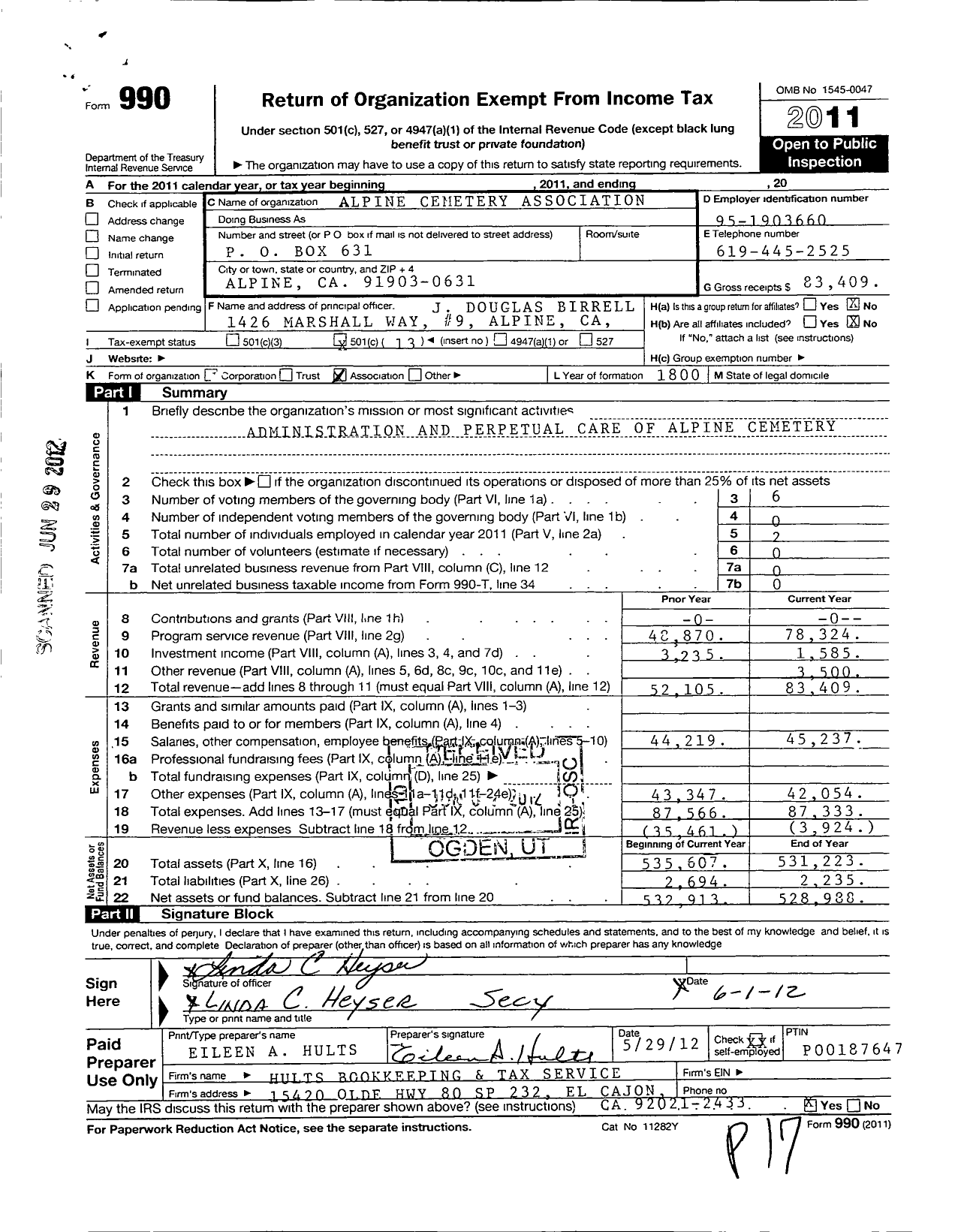 Image of first page of 2011 Form 990O for Alpine Cemetery Association