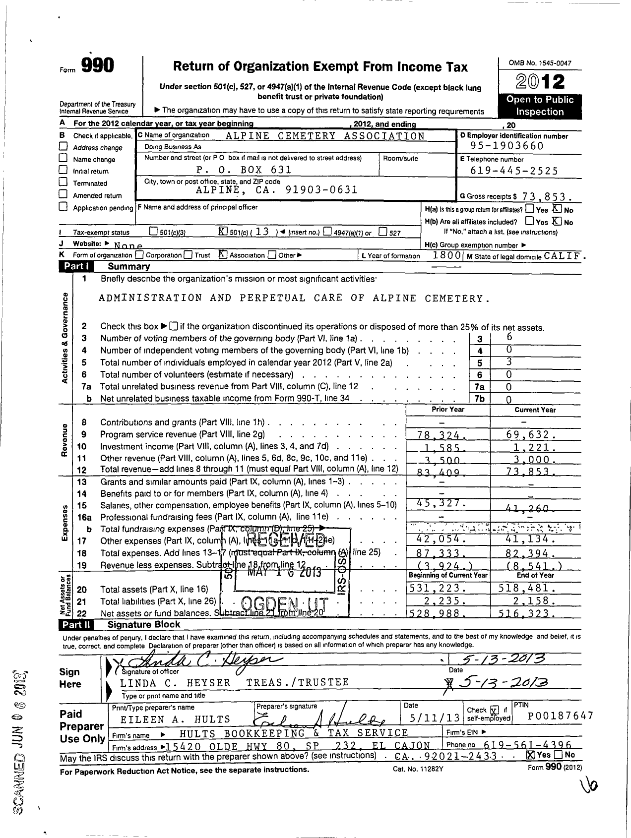 Image of first page of 2012 Form 990O for Alpine Cemetery Association