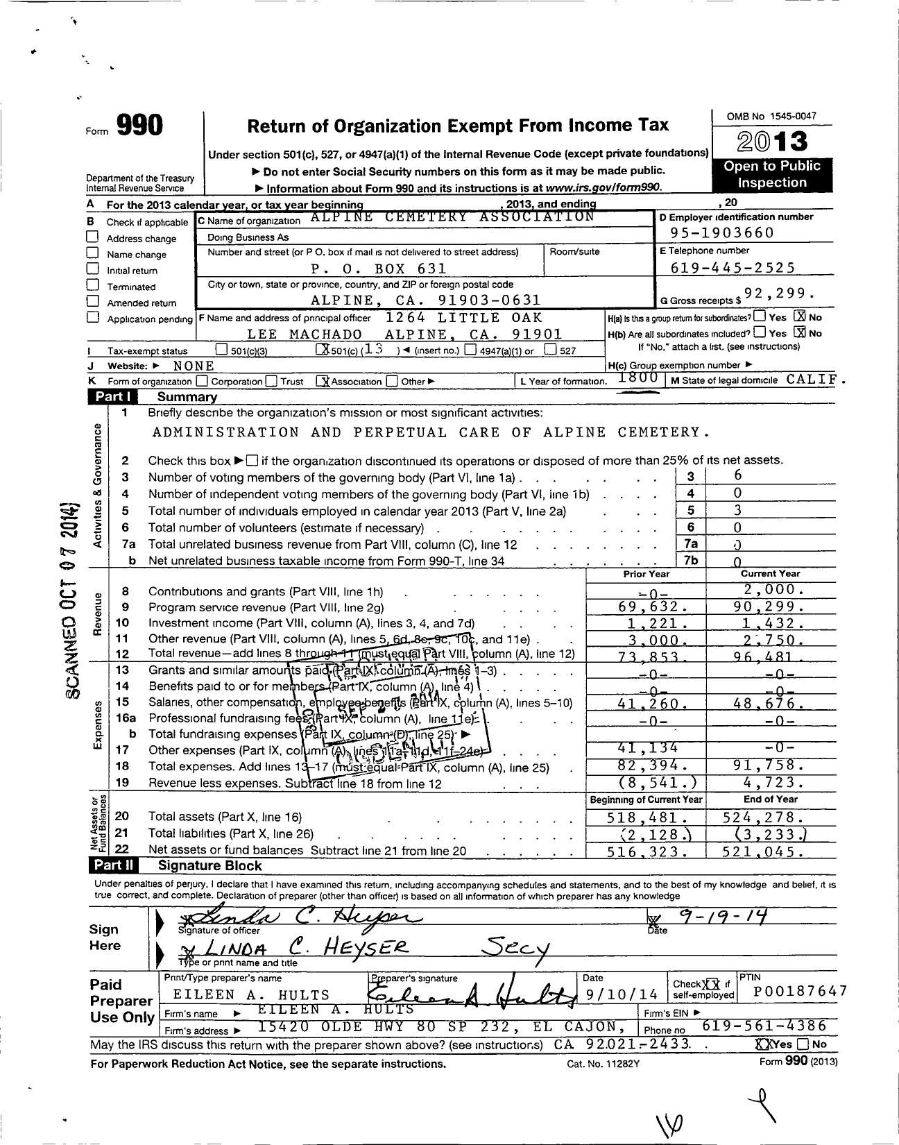 Image of first page of 2013 Form 990O for Alpine Cemetery Association