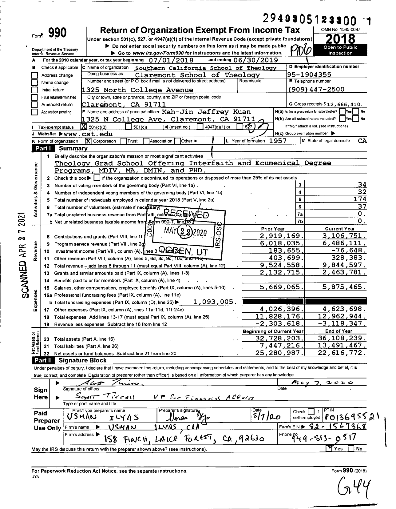 Image of first page of 2018 Form 990 for Southern California SCHOOL of THEOLOGY CLAREMONT SCHOOL of THEOLOGY (CST)