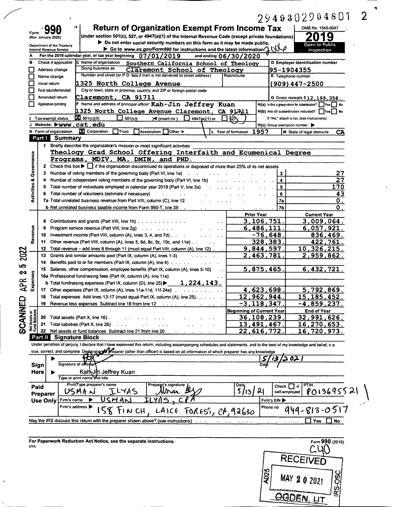 Image of first page of 2019 Form 990 for Southern California SCHOOL of THEOLOGY CLAREMONT SCHOOL of THEOLOGY (CST)