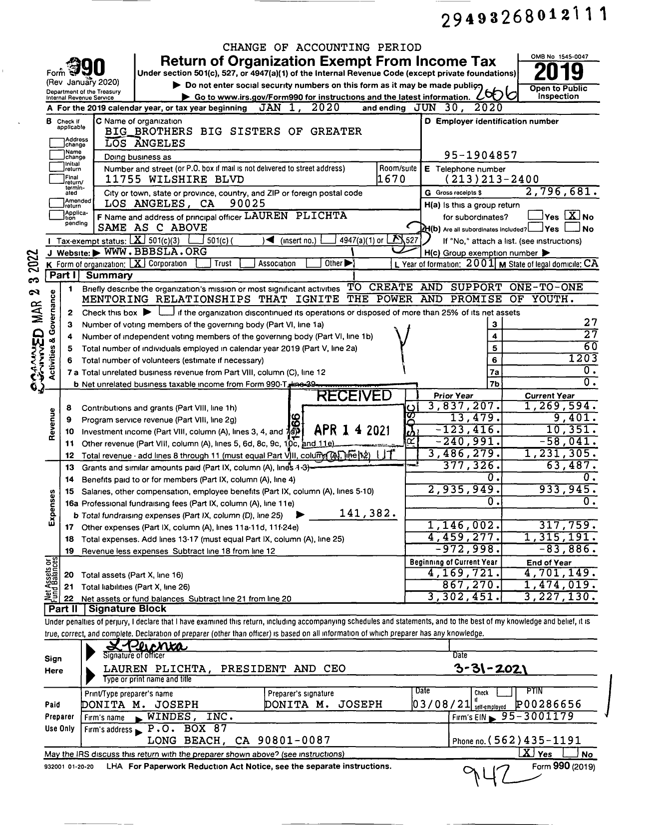 Image of first page of 2019 Form 990 for Big Brothers Big Sisters of Greater Los Angeles (BBBSLA)