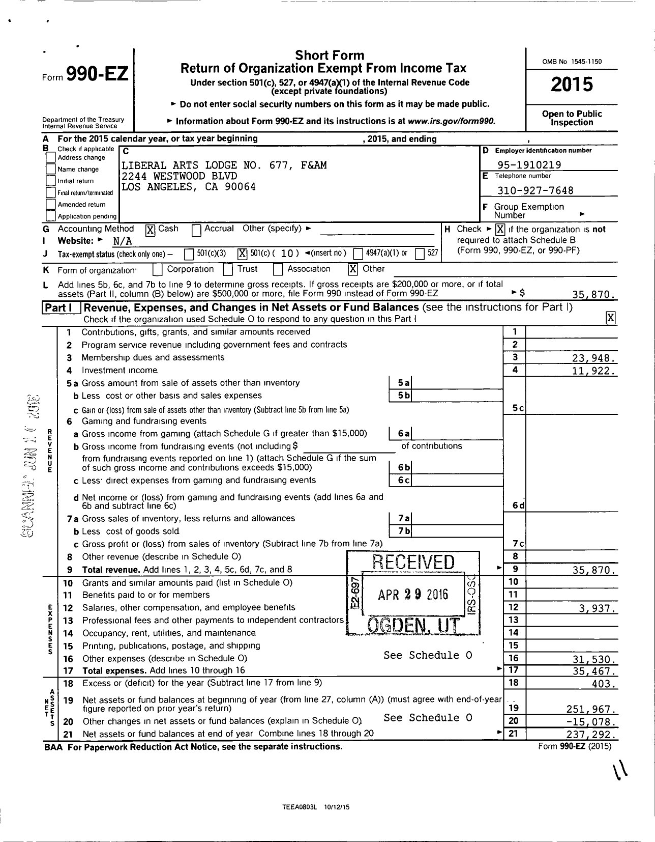 Image of first page of 2015 Form 990EO for Masons of California - Liberal Arts Lodge No 677