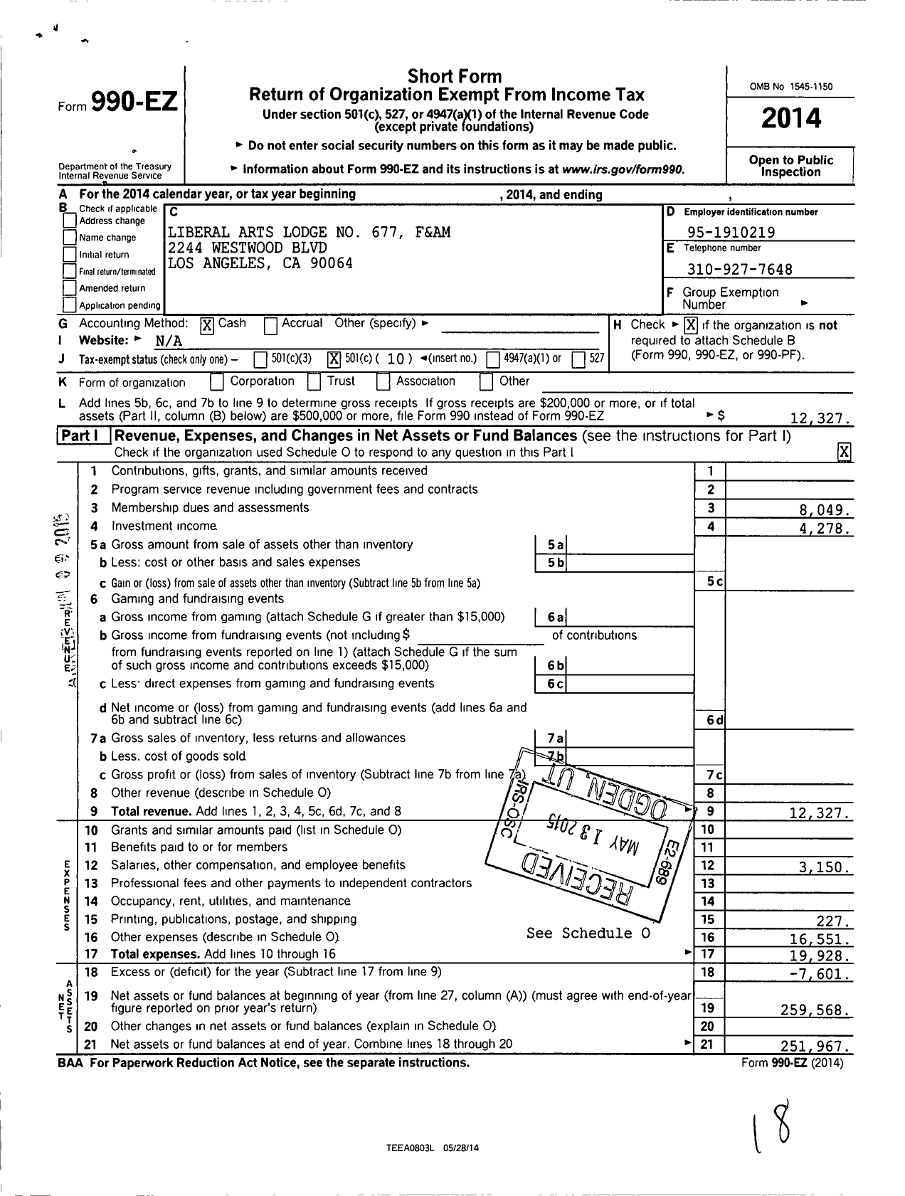 Image of first page of 2014 Form 990EO for Masons of California - Liberal Arts Lodge No 677