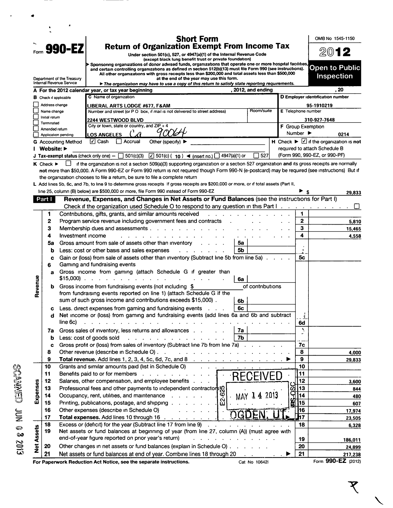 Image of first page of 2012 Form 990EO for Masons of California - Liberal Arts Lodge No 677