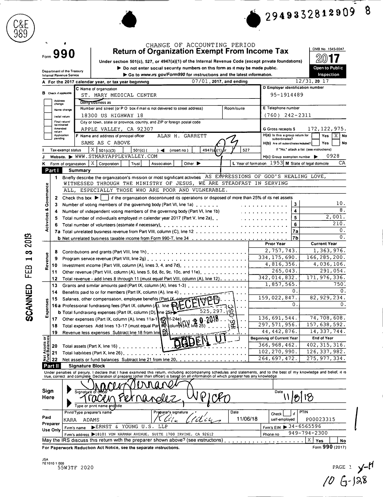 Image of first page of 2017 Form 990 for Providence St Mary Medical Center (SMMC)