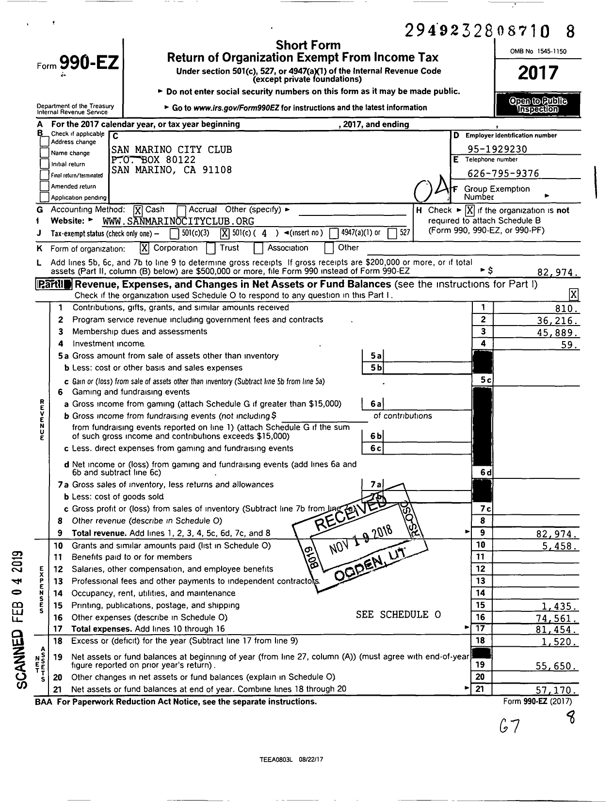 Image of first page of 2017 Form 990EO for San Marino City Club