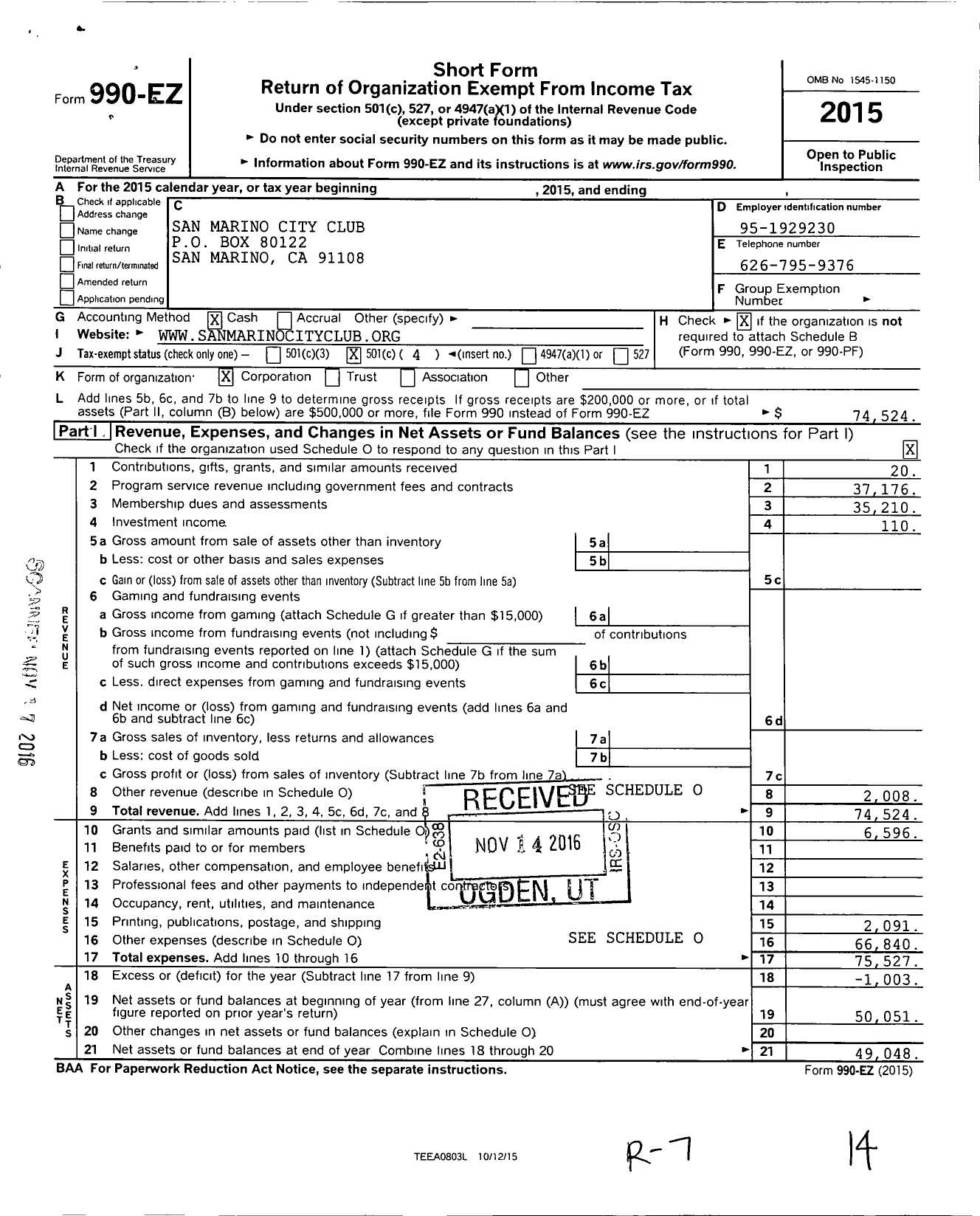 Image of first page of 2015 Form 990EO for San Marino City Club