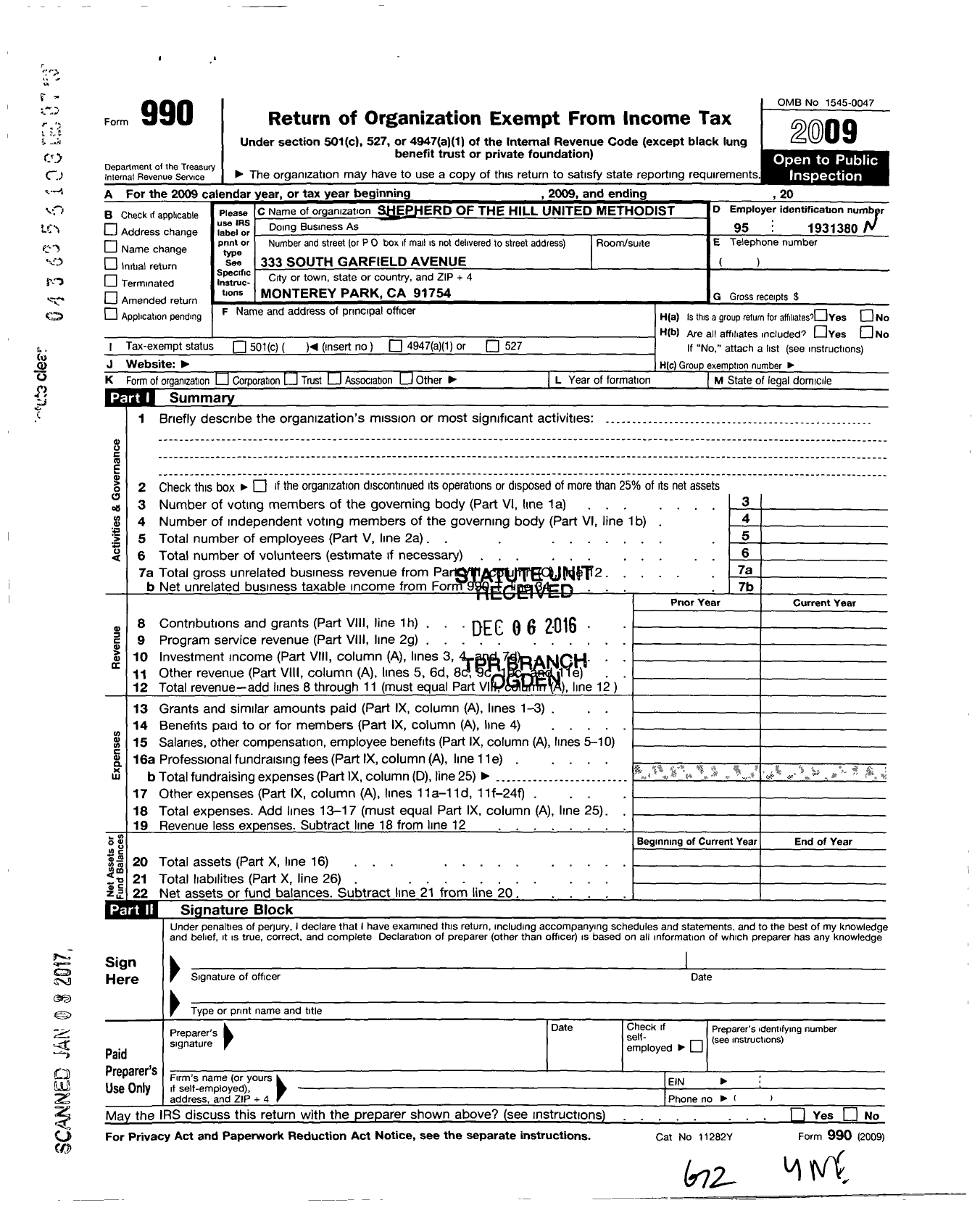 Image of first page of 2009 Form 990O for Shepherd of the Hill United Methodist Church of Montery Park