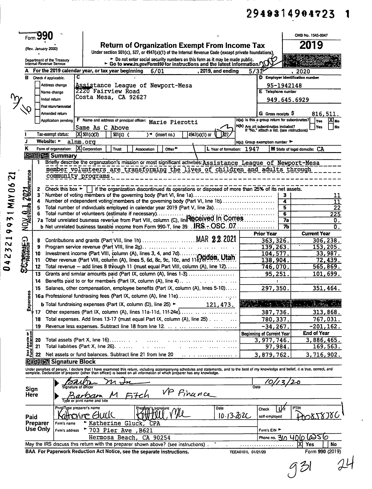 Image of first page of 2019 Form 990 for Assistance League of Newport-Mesa