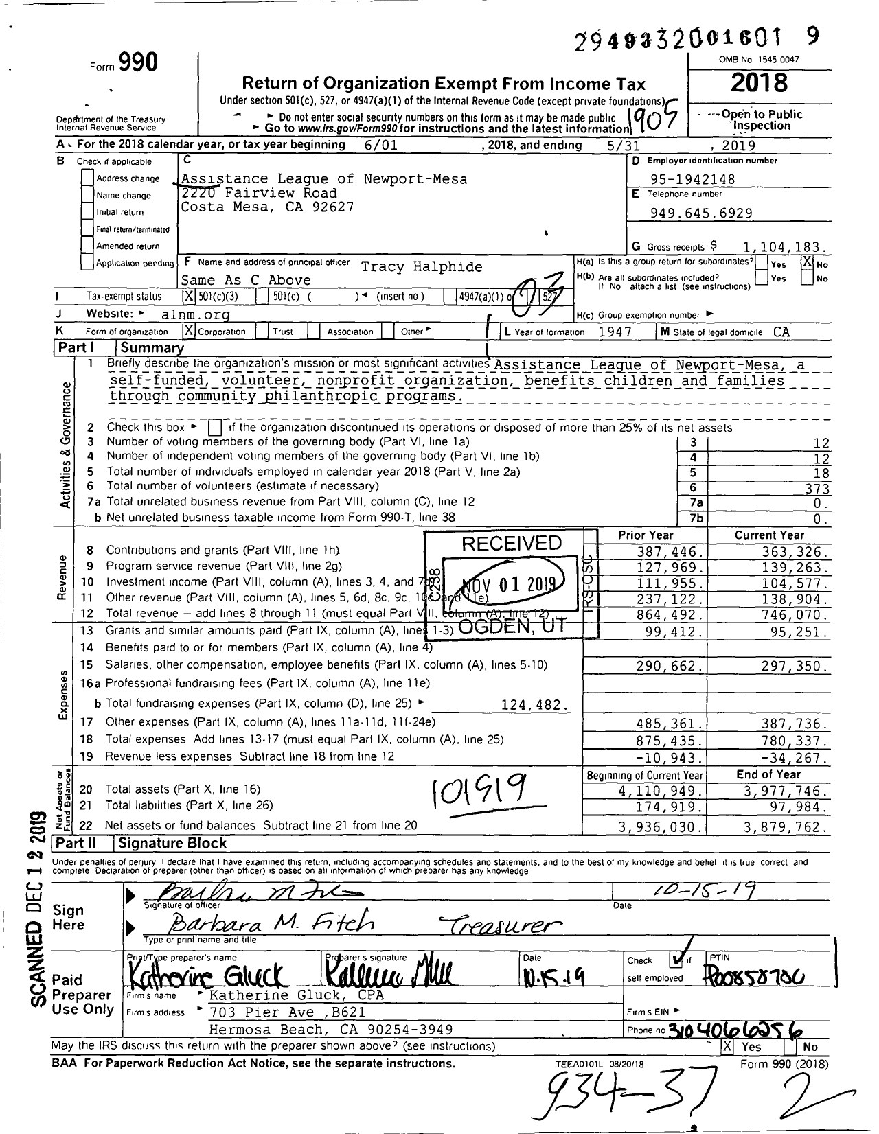Image of first page of 2018 Form 990 for Assistance League of Newport-Mesa