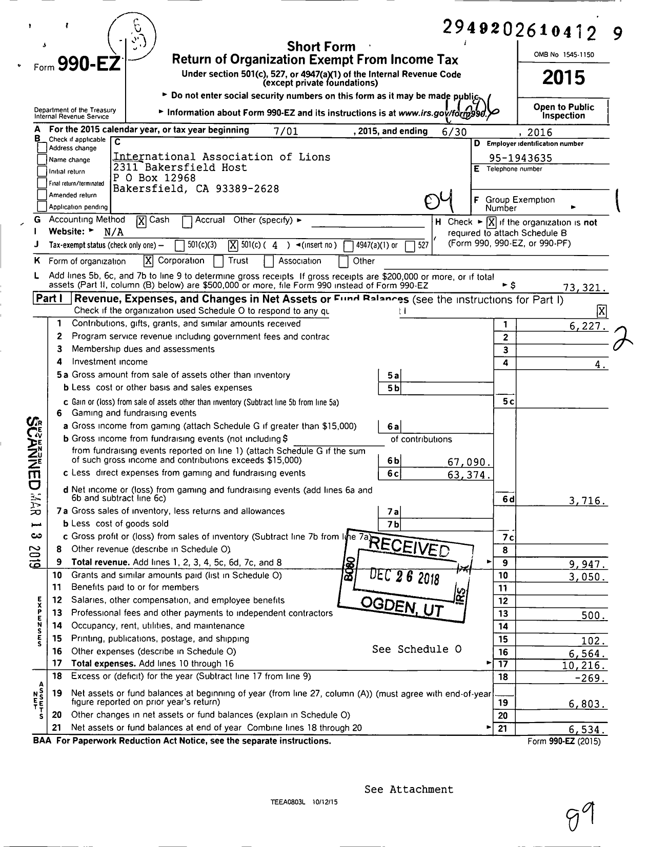 Image of first page of 2015 Form 990EO for Lions Clubs - 2311 Bakersfield Host