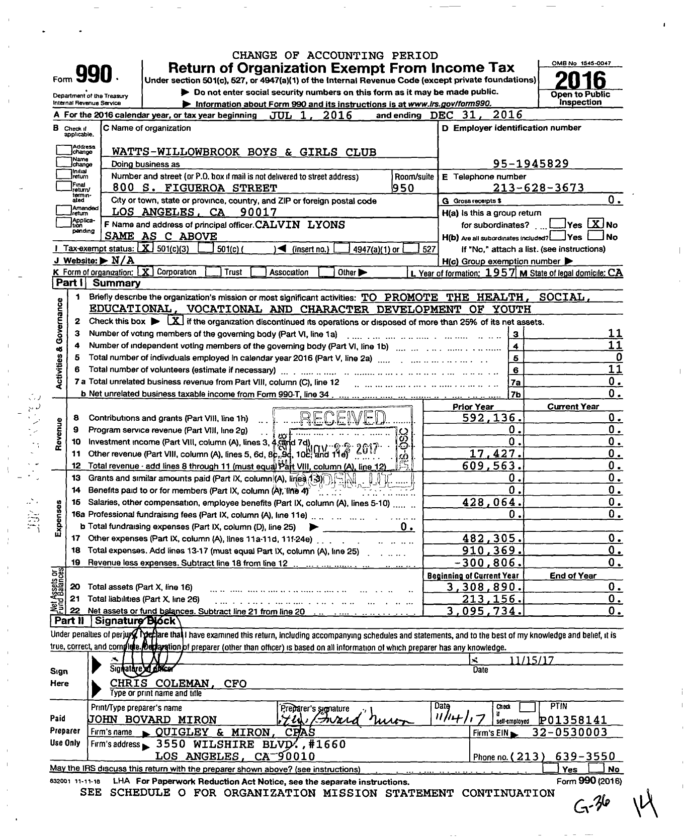 Image of first page of 2016 Form 990 for Watts-Willowbrook Boys and Girls Club