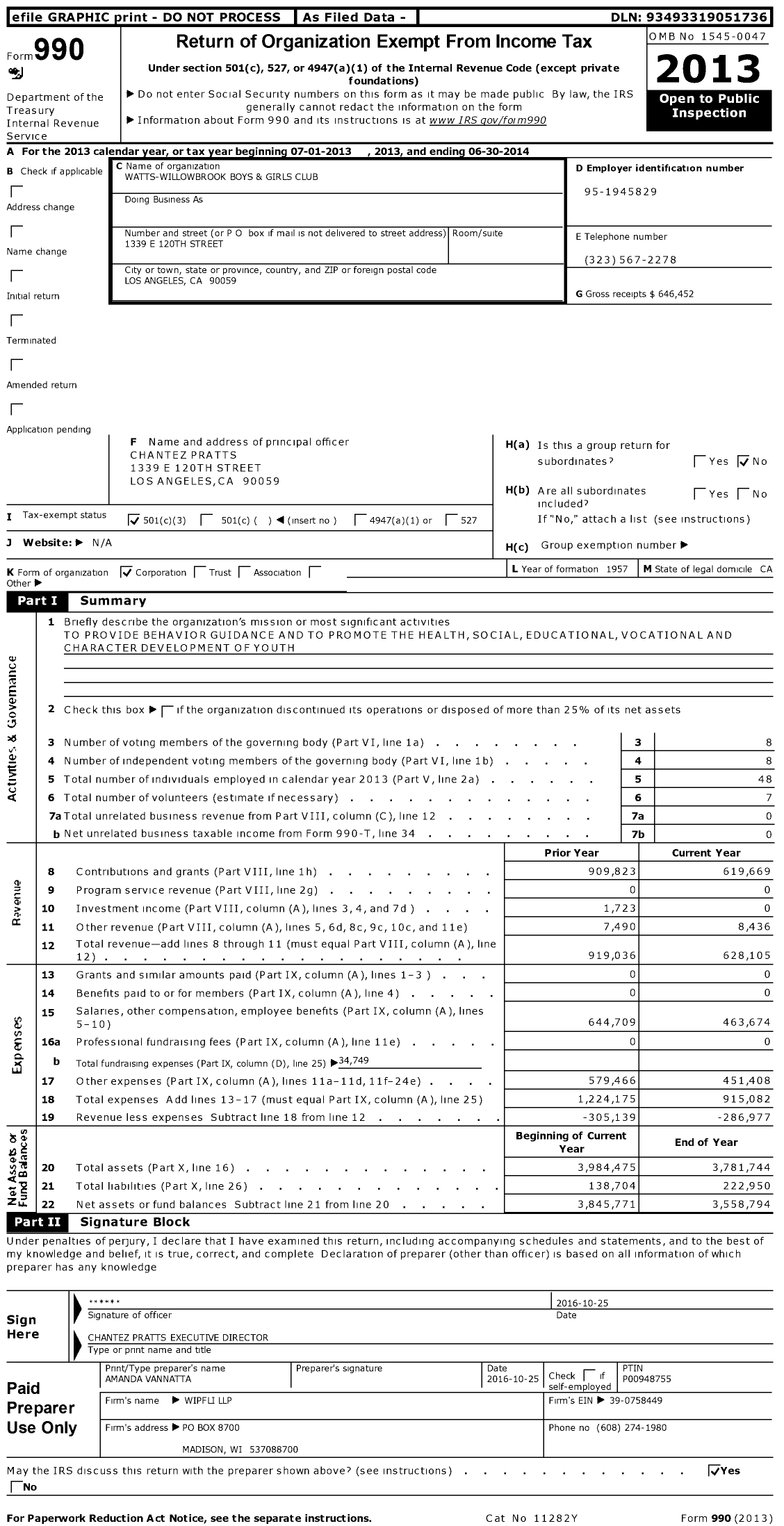 Image of first page of 2013 Form 990 for Watts-Willowbrook Boys and Girls Club