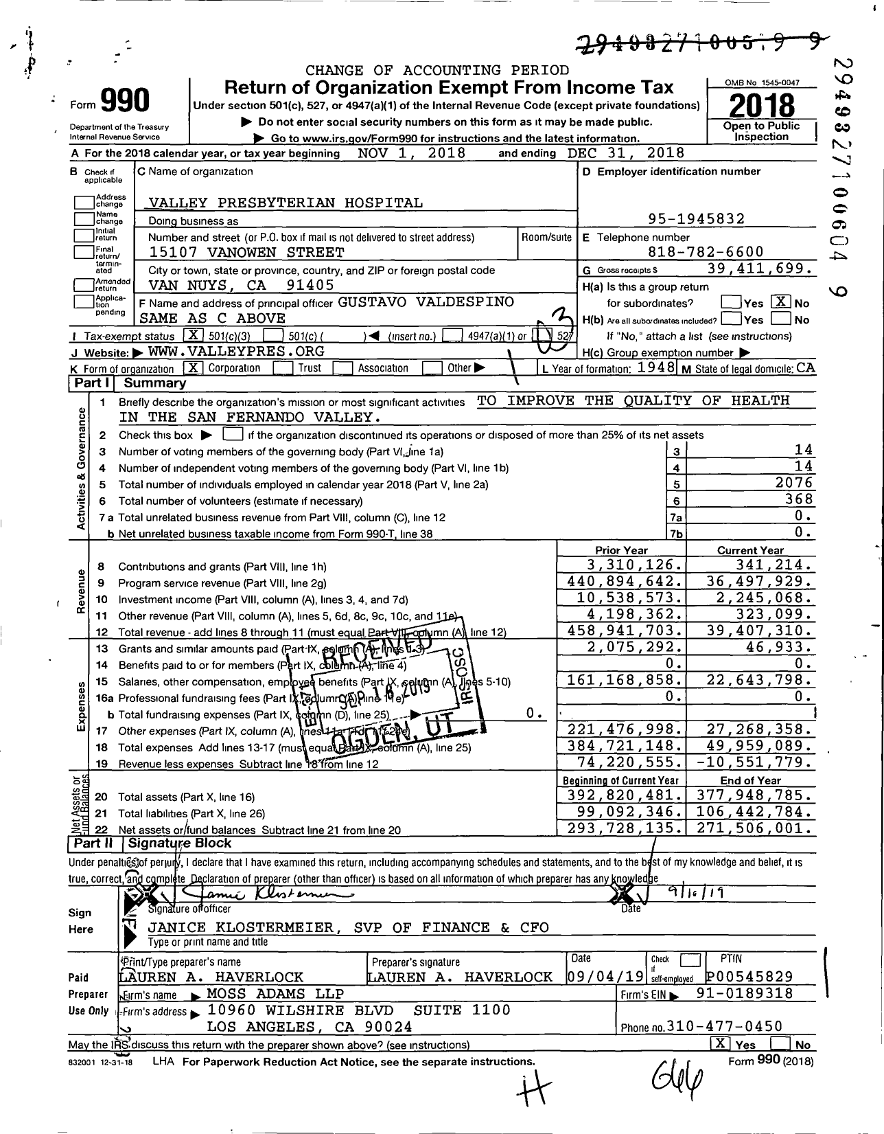 Image of first page of 2018 Form 990 for Valley Presbyterian Hospital