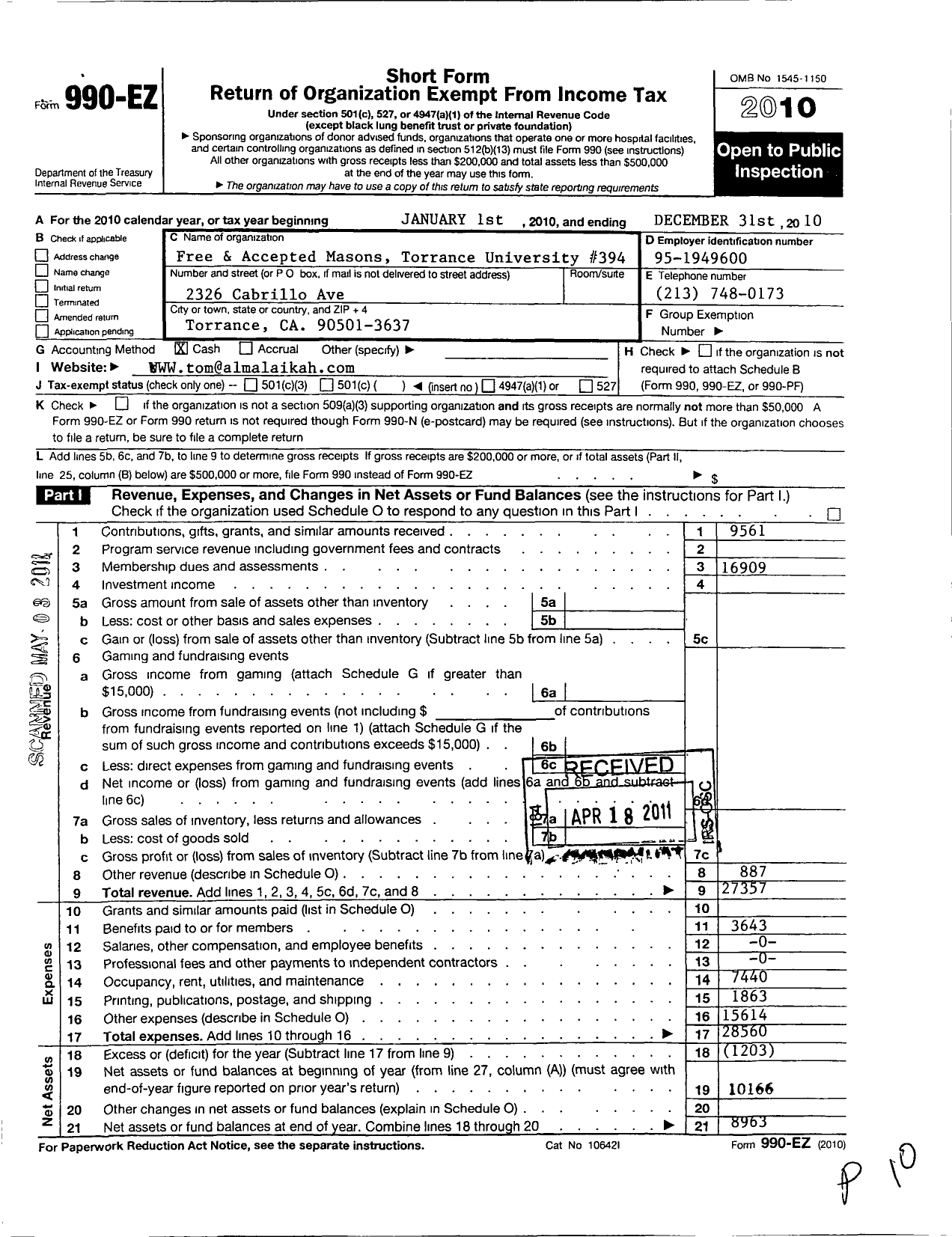 Image of first page of 2010 Form 990EO for Masons of California - Torrance Masonic Temple Association