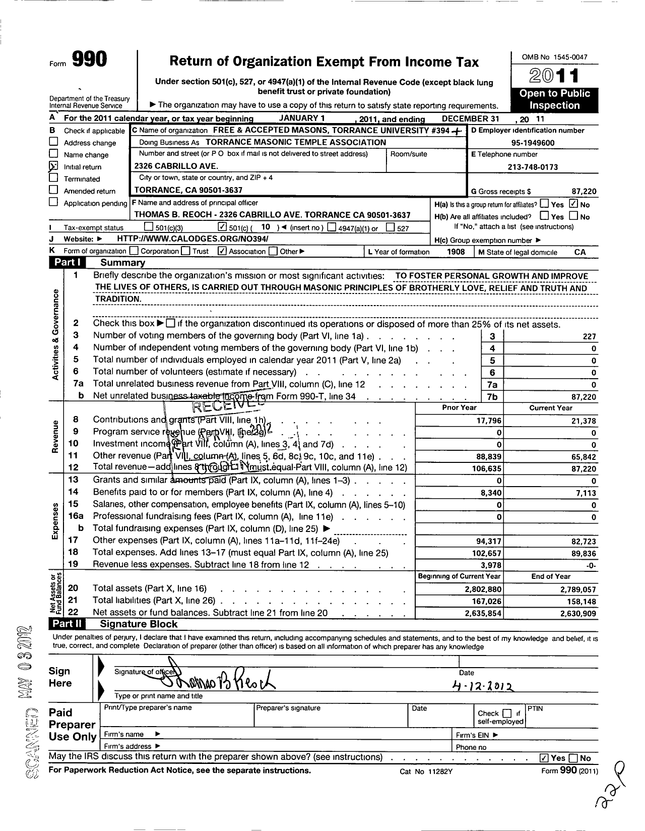 Image of first page of 2011 Form 990O for Masons of California - Torrance Masonic Temple Association