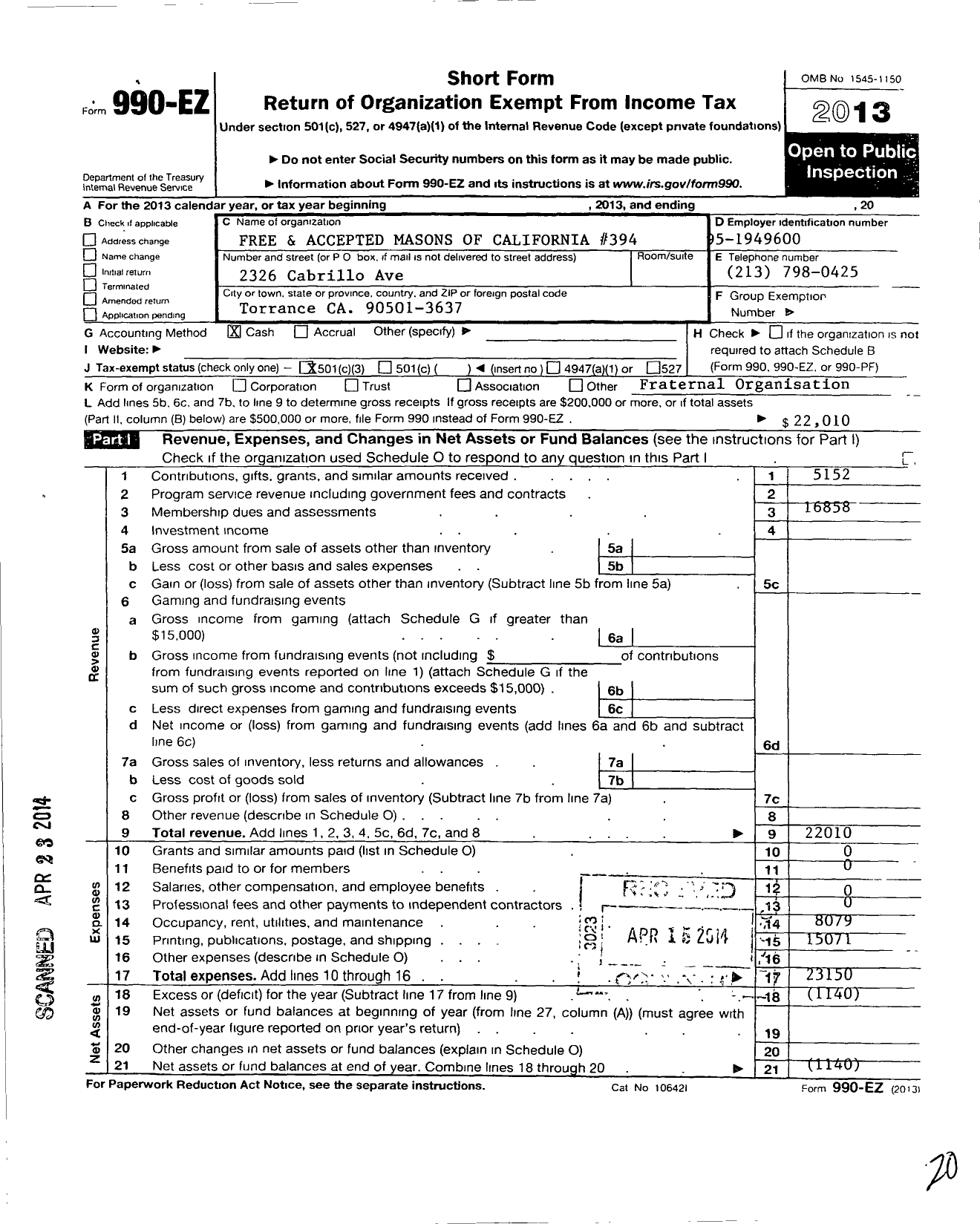 Image of first page of 2013 Form 990EZ for Masons of California - Torrance Masonic Temple Association