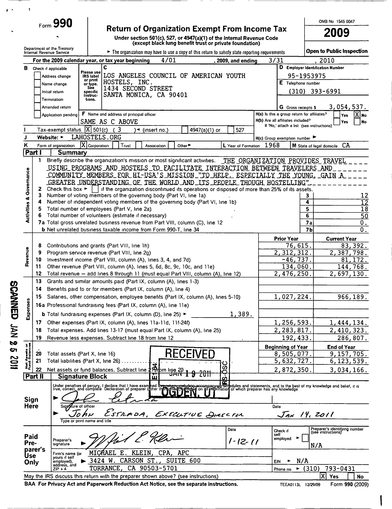 Image of first page of 2009 Form 990 for Los Angeles Council of American Youth Hostels