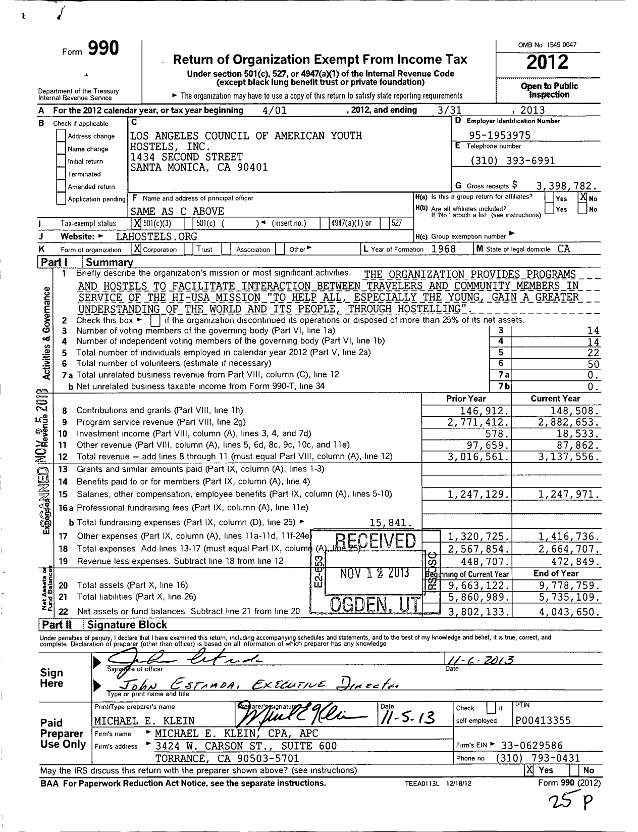 Image of first page of 2012 Form 990 for Los Angeles Council of American Youth Hostels