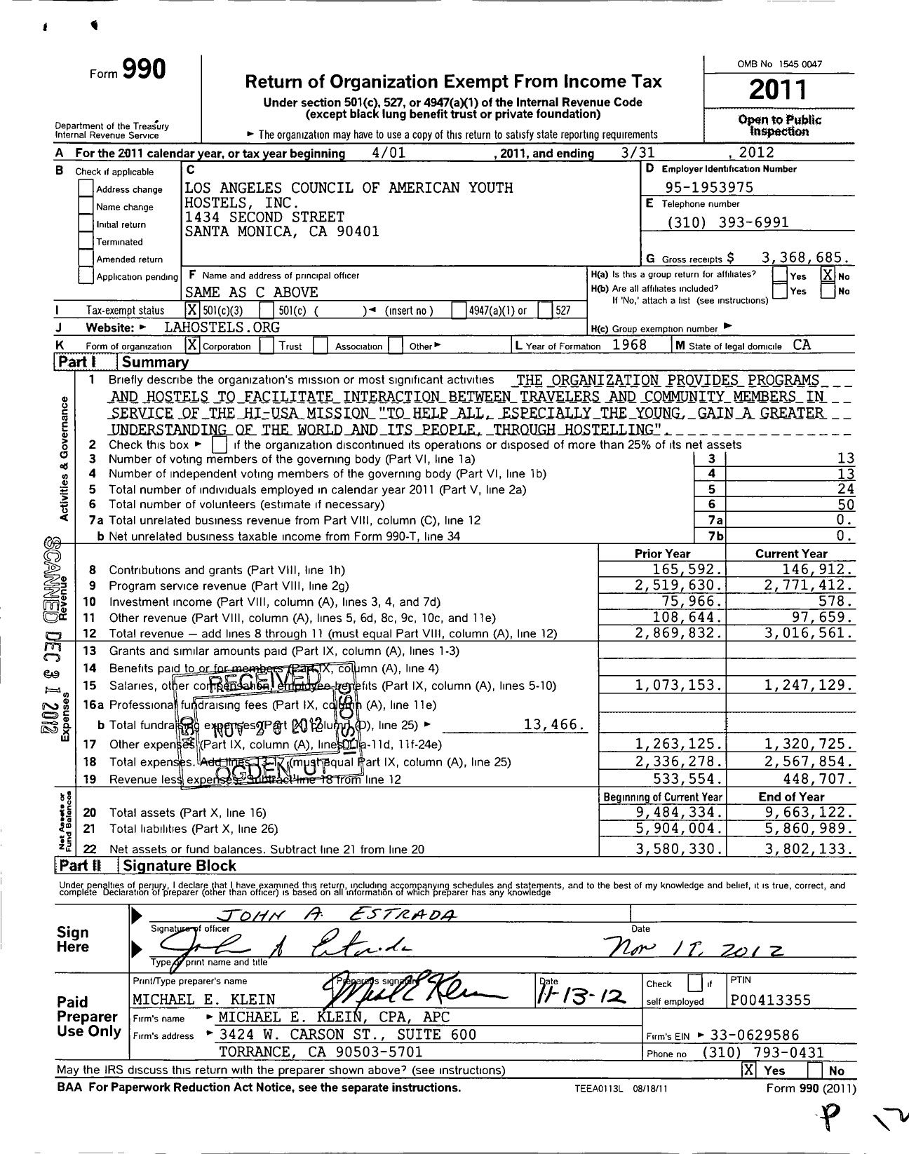 Image of first page of 2011 Form 990 for Los Angeles Council of American Youth Hostels