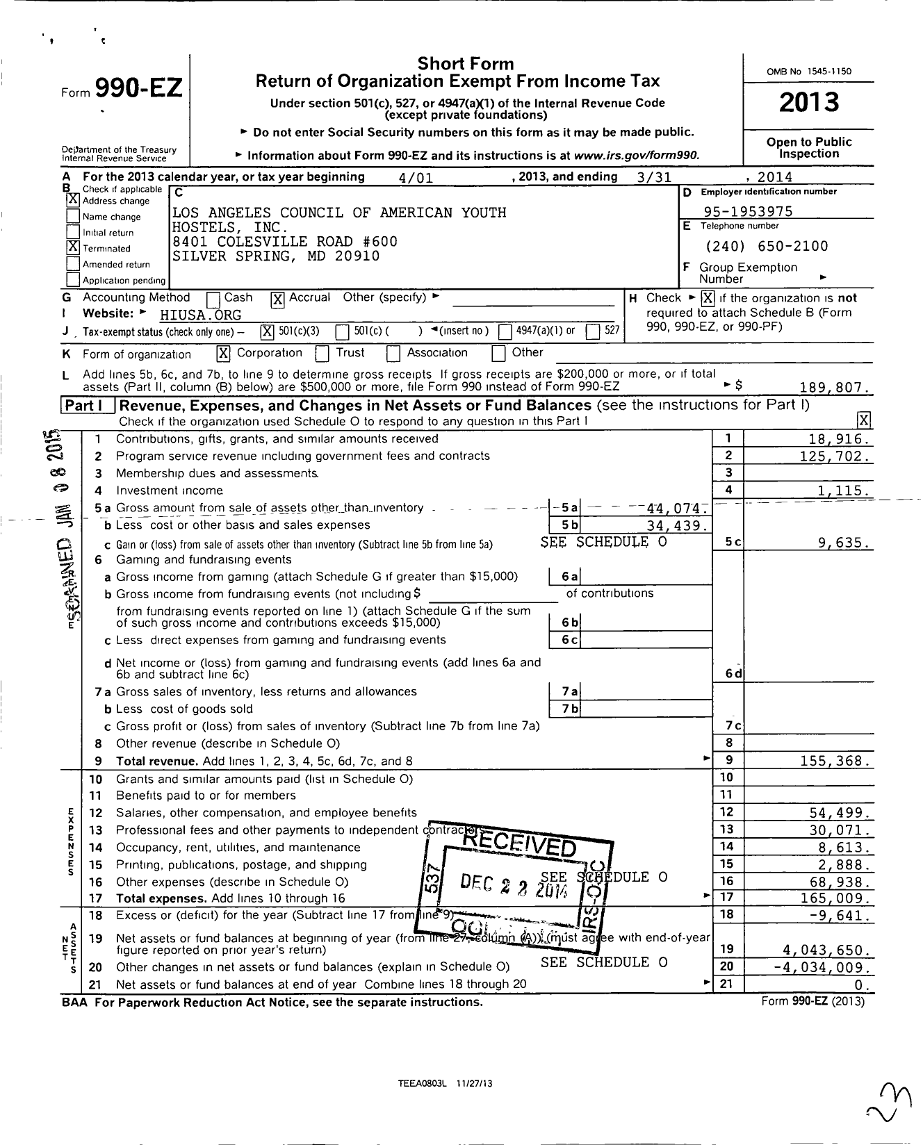 Image of first page of 2013 Form 990EZ for Los Angeles Council of American Youth Hostels