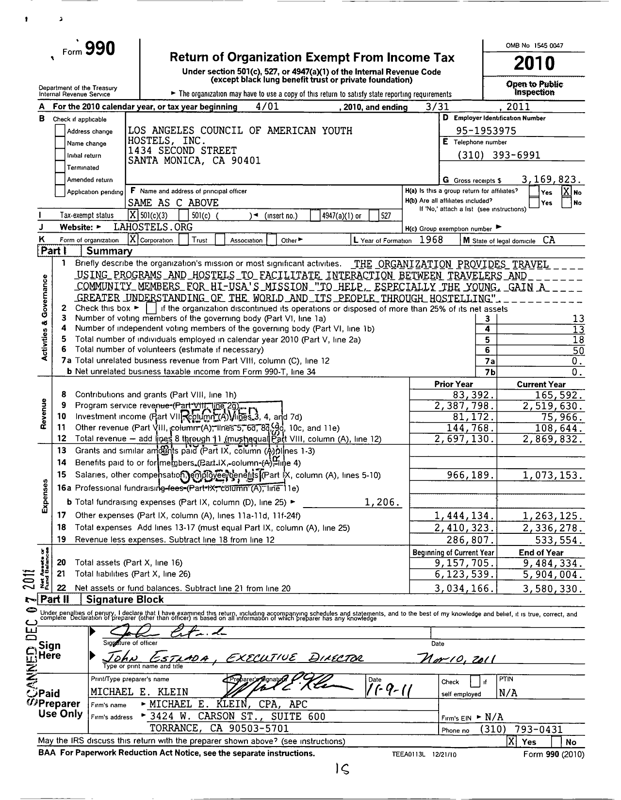 Image of first page of 2010 Form 990 for Los Angeles Council of American Youth Hostels