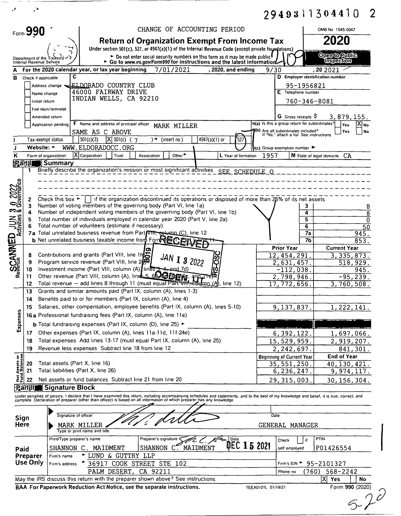 Image of first page of 2020 Form 990O for Eldorado Country Club