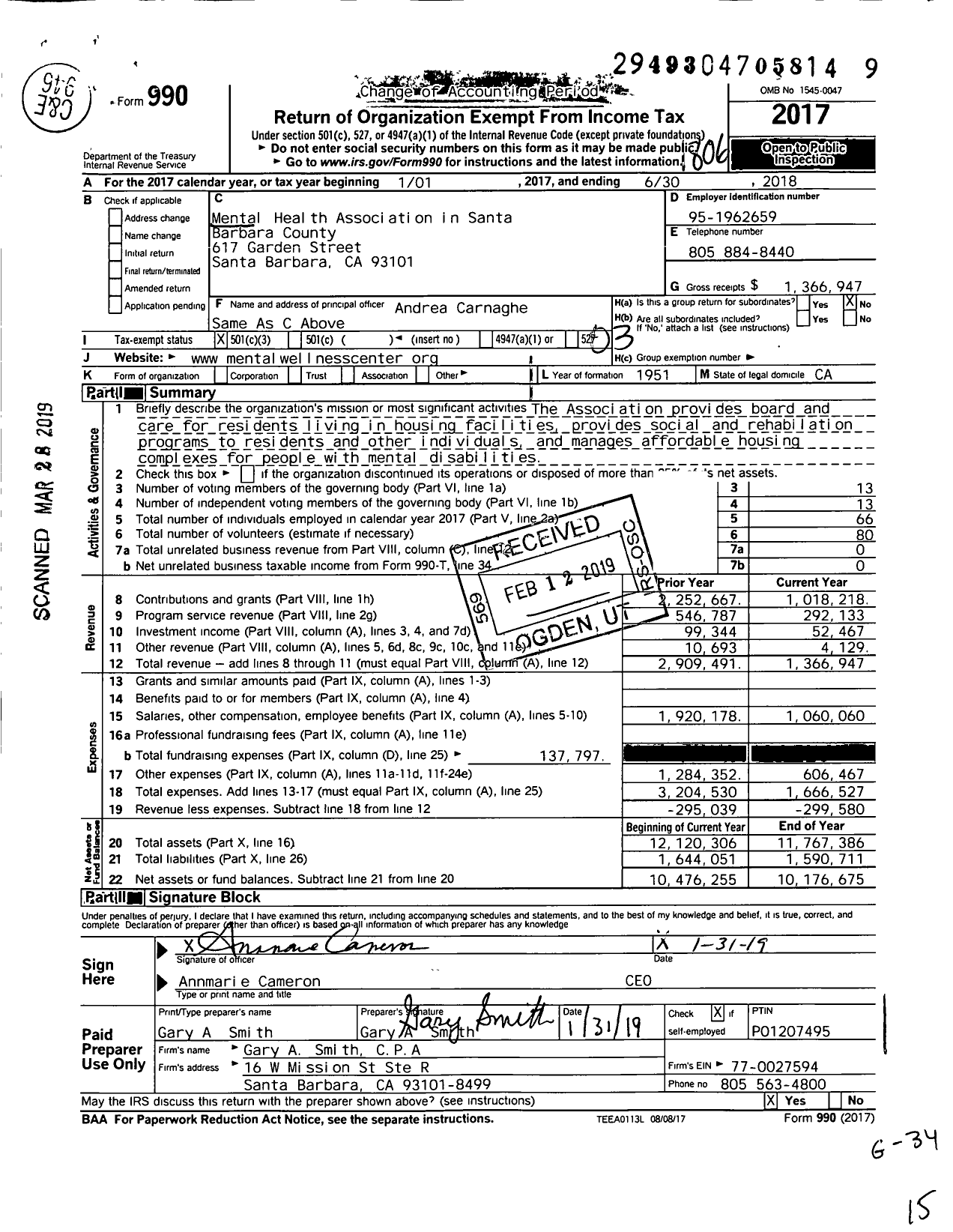 Image of first page of 2017 Form 990 for Mental Health Association in Santa Barbara County