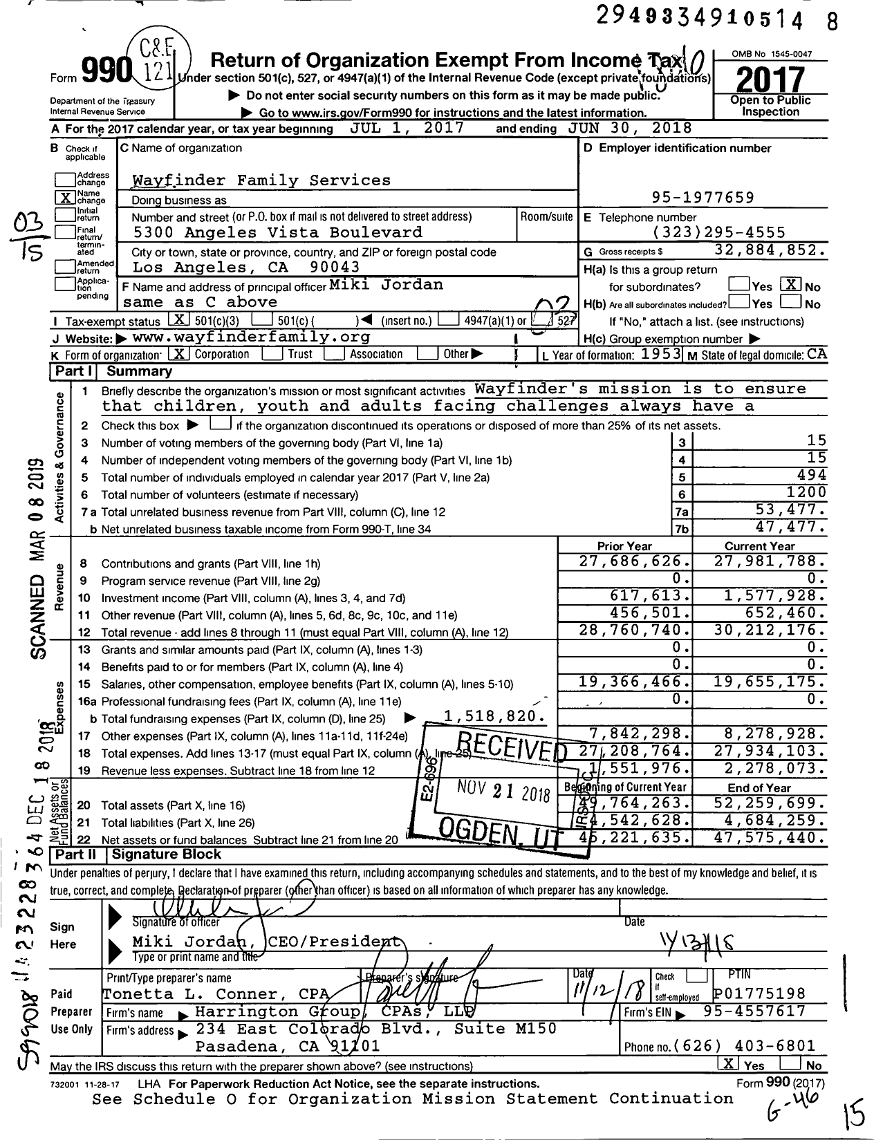 Image of first page of 2017 Form 990 for Wayfinder Family Services